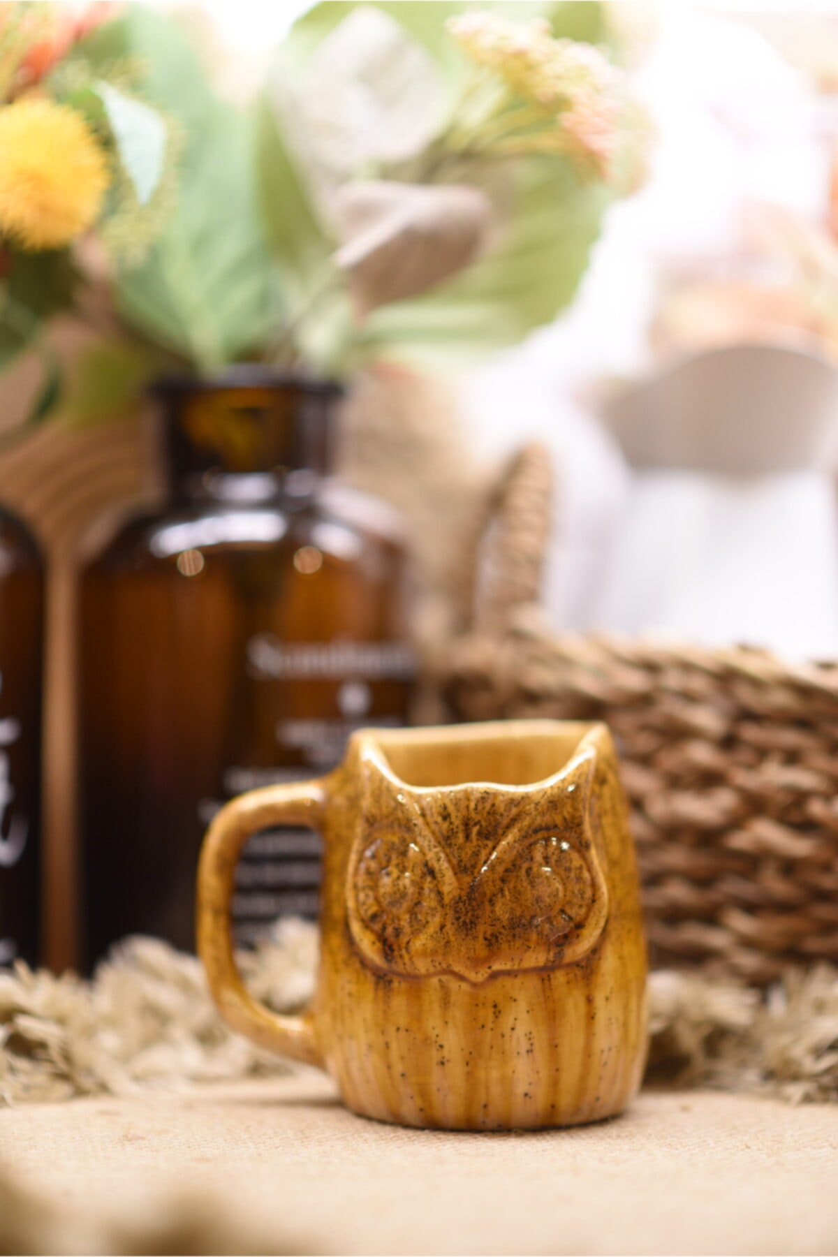studyosercan2 Mug Kupa Bardak Özel Fırınlanmış Seramik Tasarım Baykuş Figürü 300ml Hardal Kahve Tonlarda