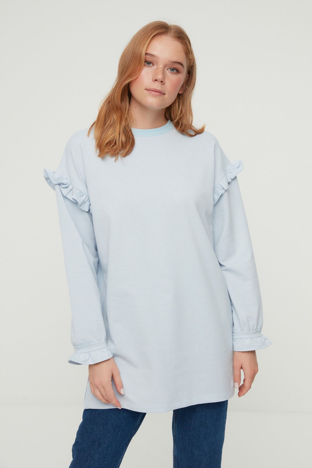 Trendyol Modest Mavi Kol Fırfır Detaylı Örme Sweatshirt TCTSS22TW0001