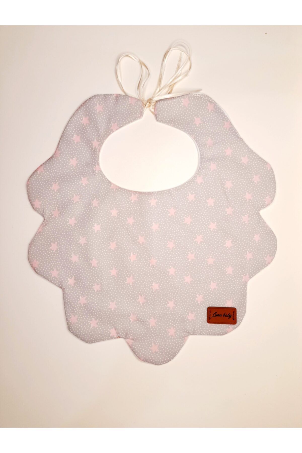 LUNA BABY Çift Katlı Çiçek Modelli %100 Organik Bebek Yakalık Mama Önlügü (GRİ ÜZERİNE PEMBE YILDIZLI)