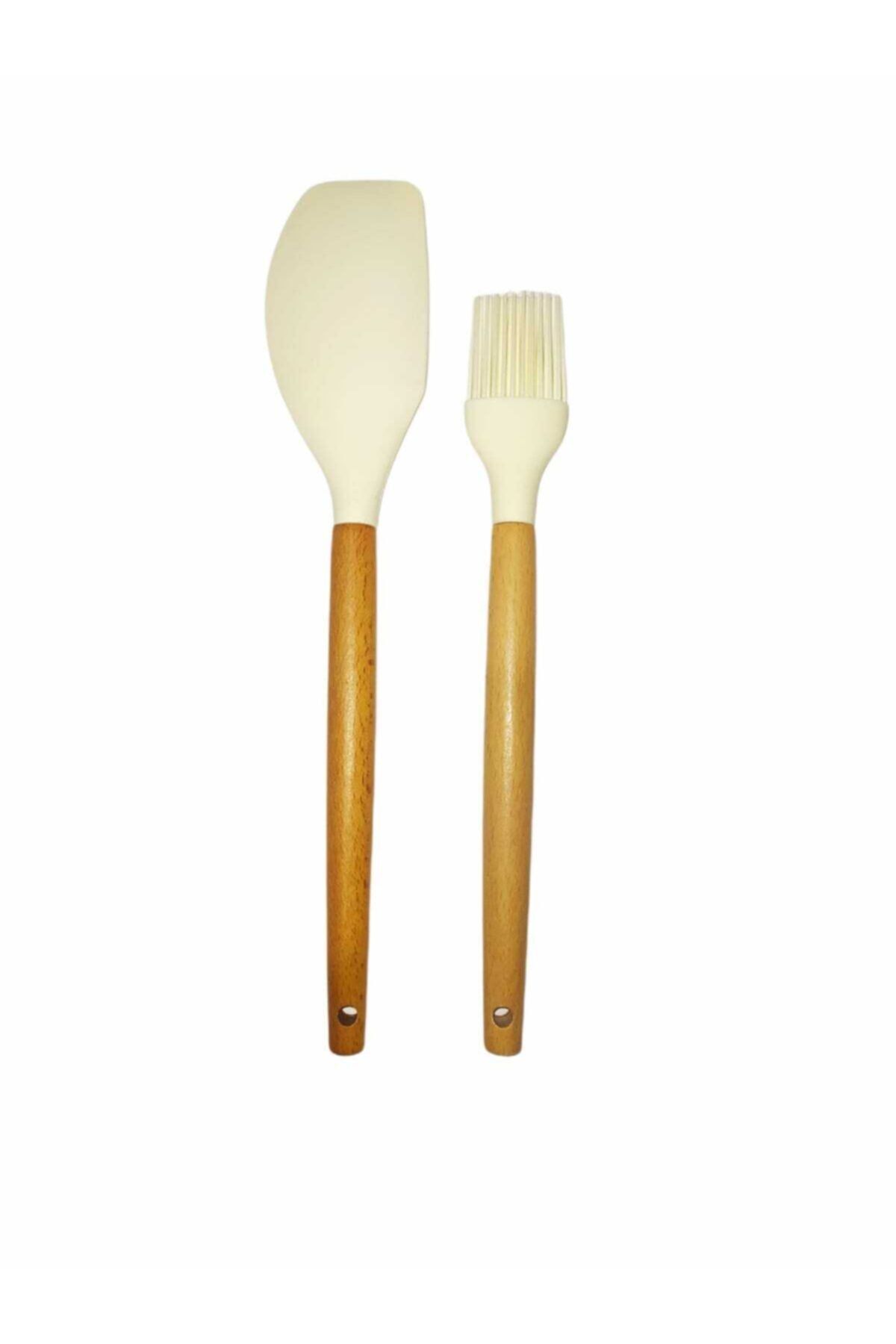 Bycomo Ahşap Saplı Yanmaz Yapışmaz Silikon Spatula Fırça 2'li Set