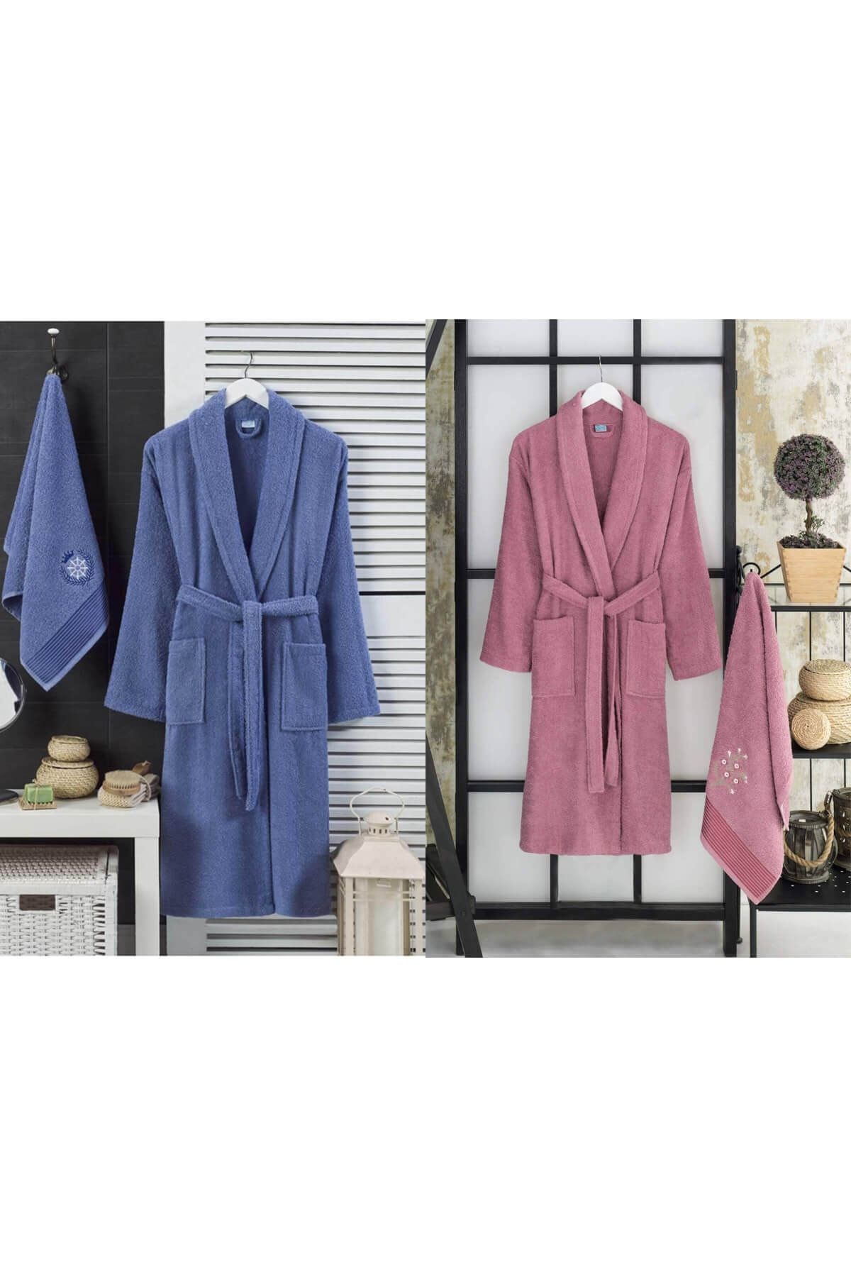 Elmira Textile 4 Parça Aile Bornoz Seti Kadın Erkek Havlulu Bornoz Takımı Mürdüm