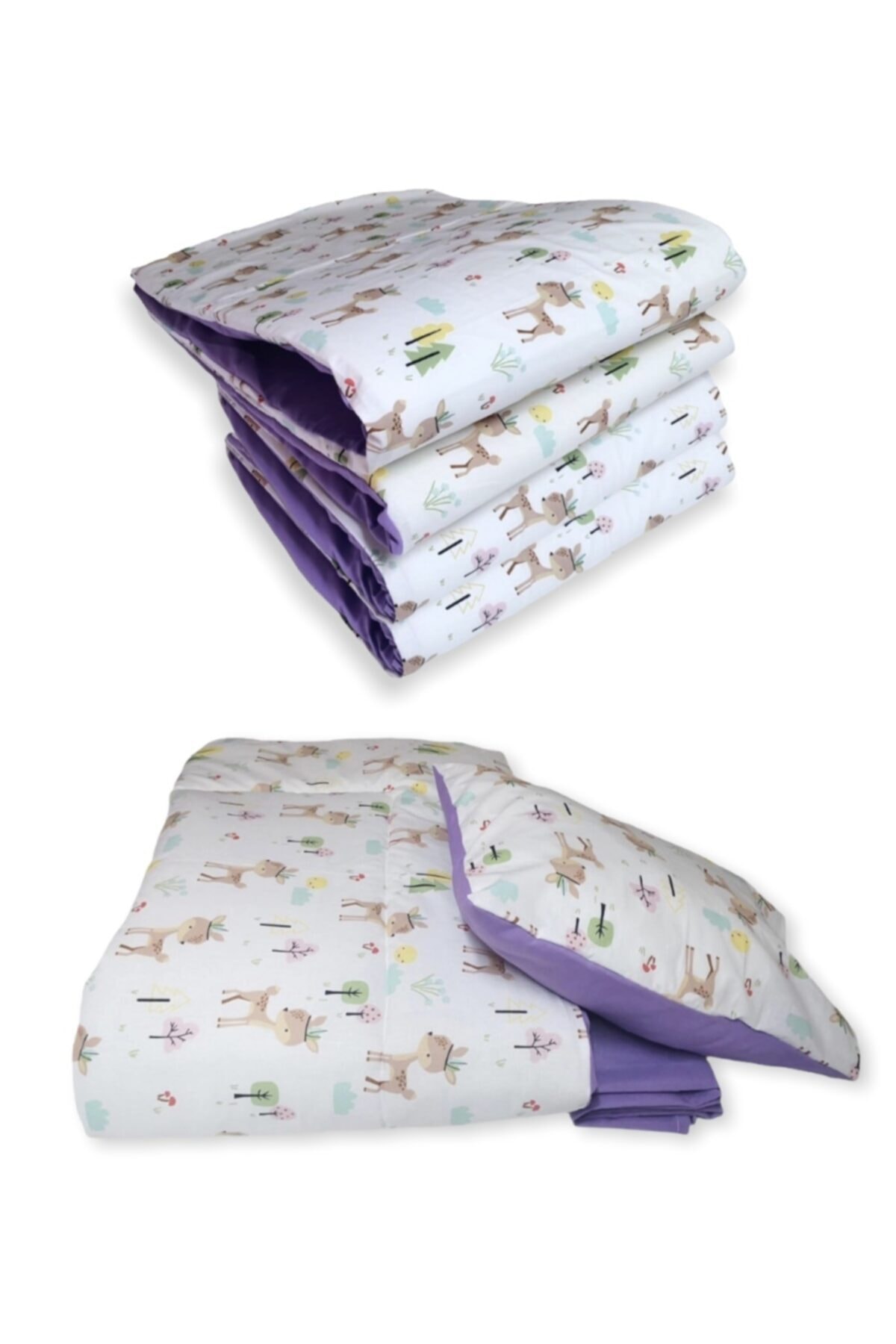 Bebek Özel %100 Pamuk 60x120 Mobilya Beşik Kenar Koruma Uyku Seti Karaca Mor Desenli (7 Parça)