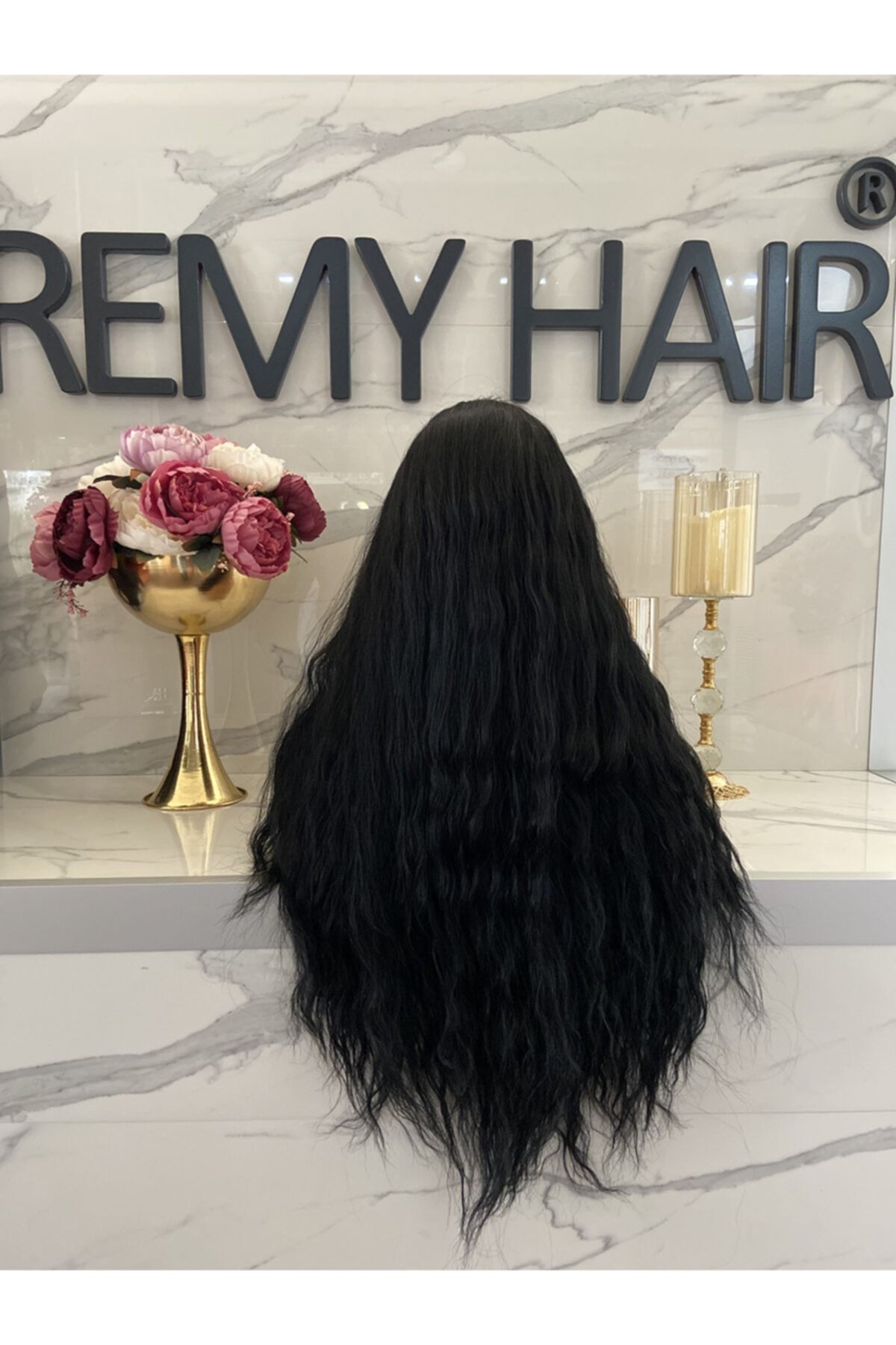 REMY HAİR Siyah Afro Dalgalı Uzun Fiber Sentetik Perçemli Peruk