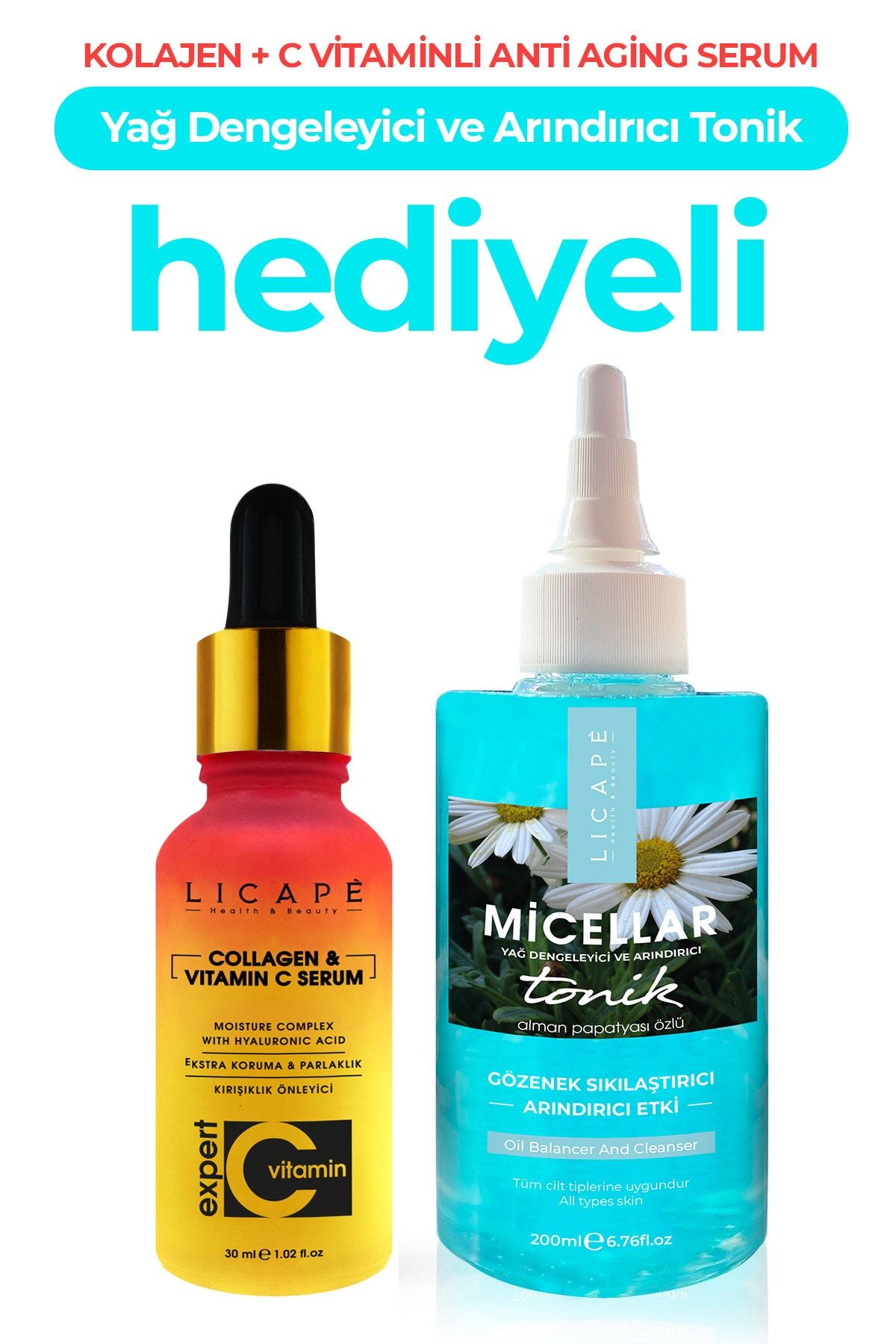 Licape Kolajen + C Vitaminli Serum 40ml Ve Arındırıcı + Gözenek Sıkılaştırıcı Yüz Ve Göz Toniği 200ml