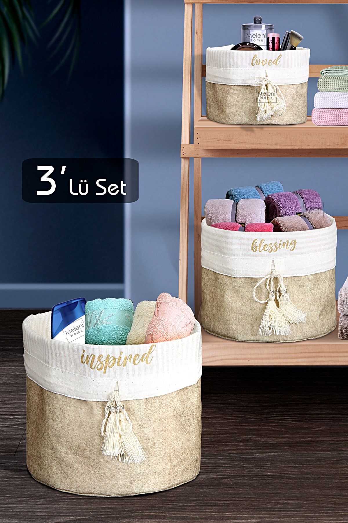 Meleni Home 3'lü Set Keçe Yuvarlak Düzenleyici Kutu Çok Amaçlı Sepet Organizer Mega Maxi Mini Bej