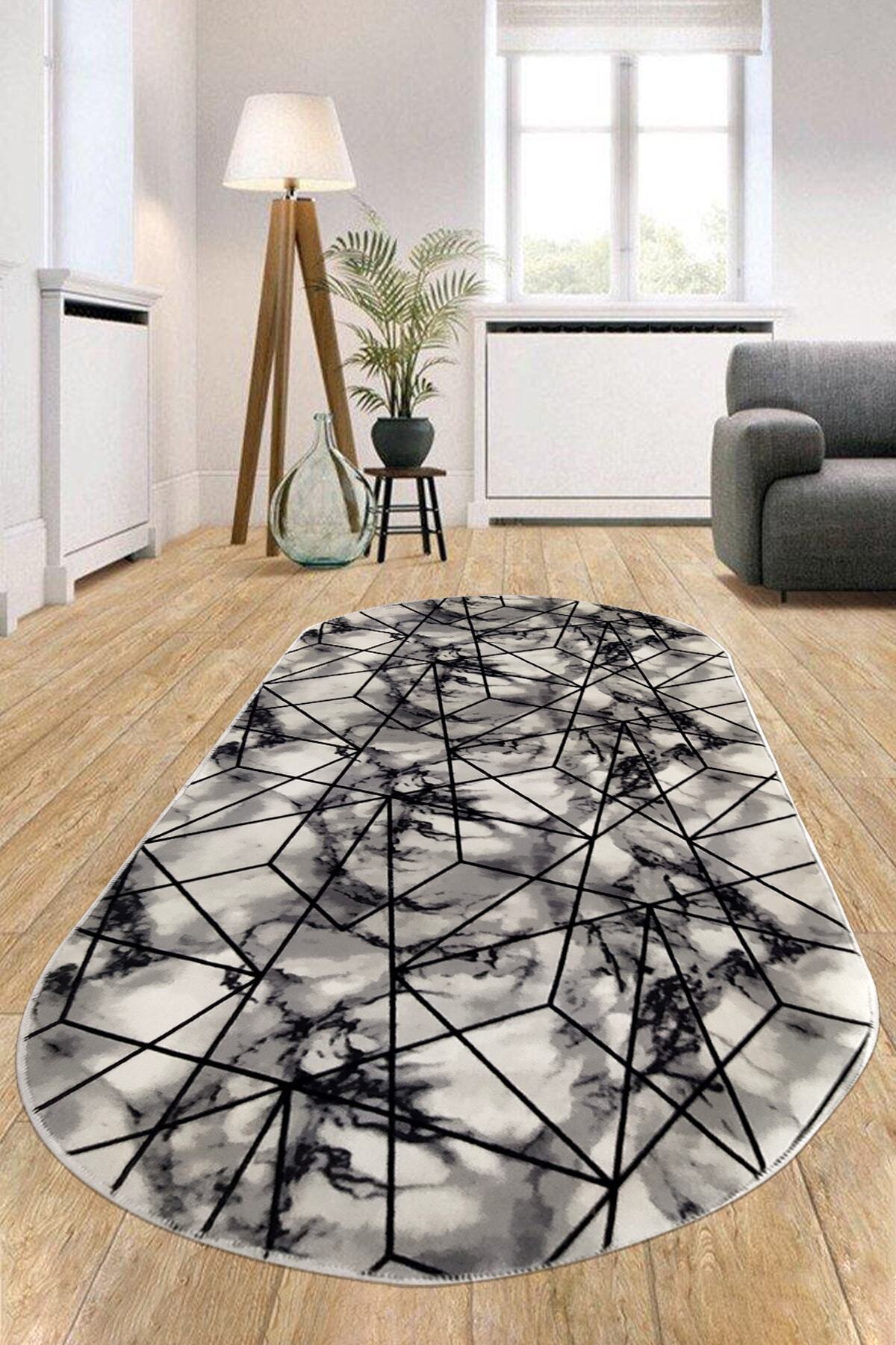 Luya Home Kaymaz Tabanlı Kesme Rulo Halı Yolluk Siyah Beyaz Geometrik Oval