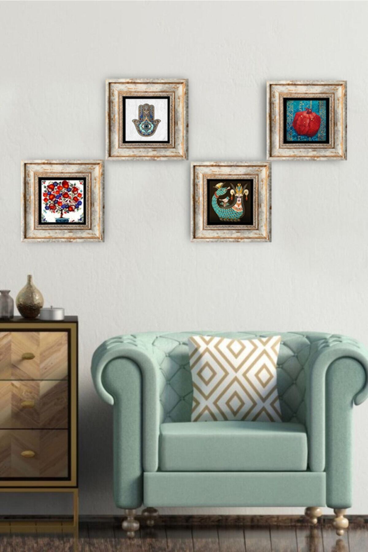 Pinecone Çerçeveli Taş Tablo Dekoratif Duvar Dekoru Fatma Ana Eli Şahmeran Nar Ağacı Baskı 4 Parça (20*20cm)