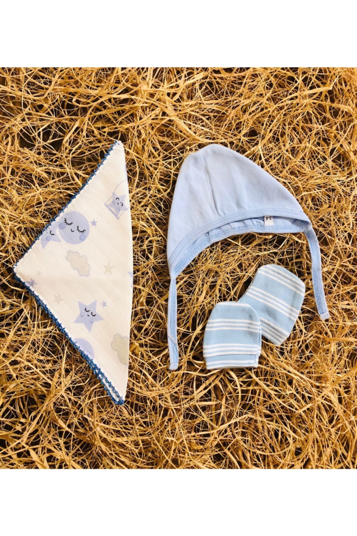 Pino Baby Yeni Doğan Erkek Bebek Şapka Eldiven Ve Müslin Ağız Mendili Set 0-6 Ay