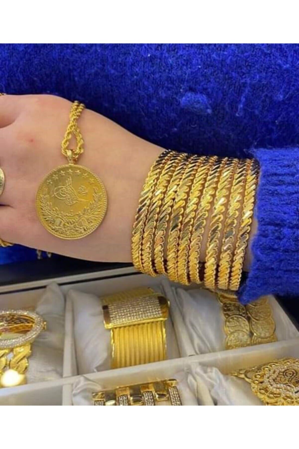 Greams 22 Ayar Altın Kaplama Kadın 10 Adet Burma Bilezik Reşat Kolye Set