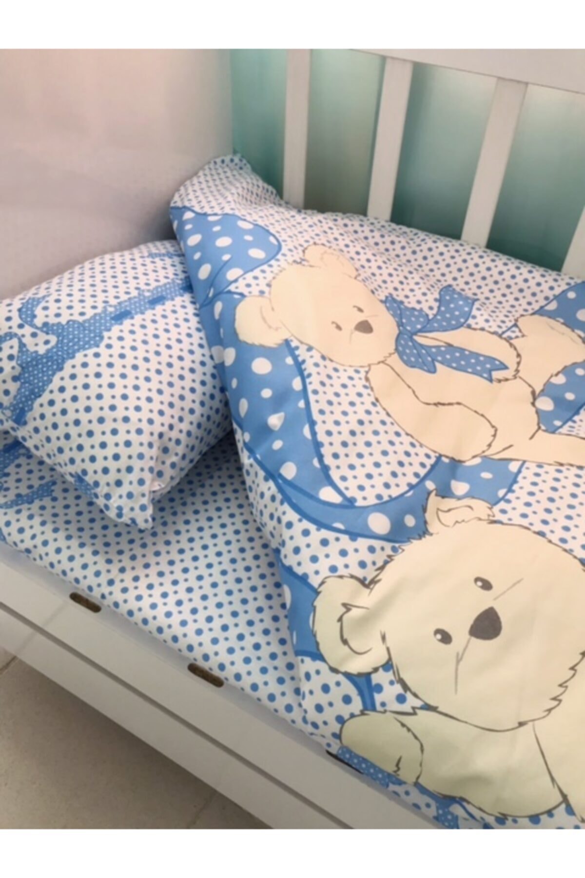 Bebek Özel Pamuklu Bebek Çocuk 100x150 Yastık Çarşaf Yorgan Seti Ayıcıklı Mavi Puantiyeli Desenli