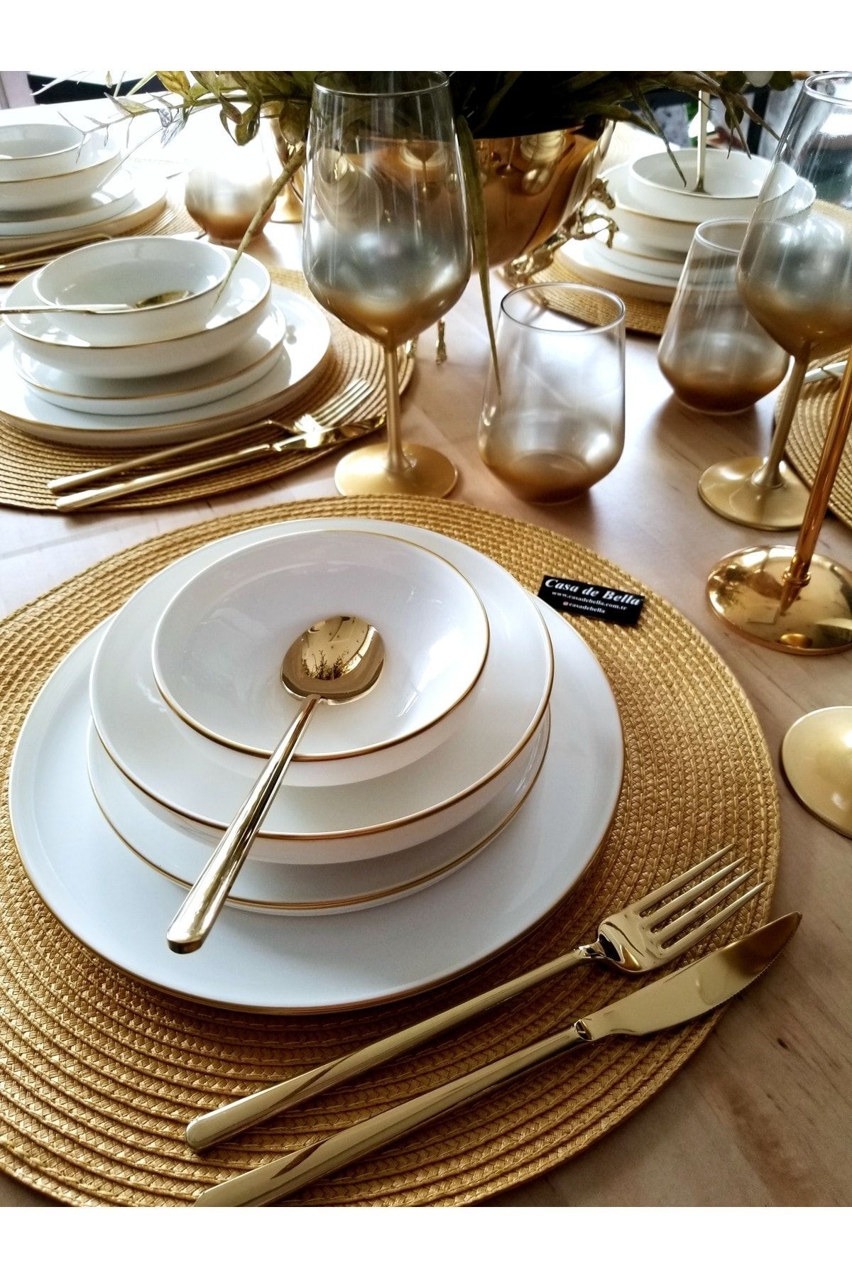 CASA DE BELLA White Modern 48 Parça 12 Kişilik Porselen Yemek Takımı-gold