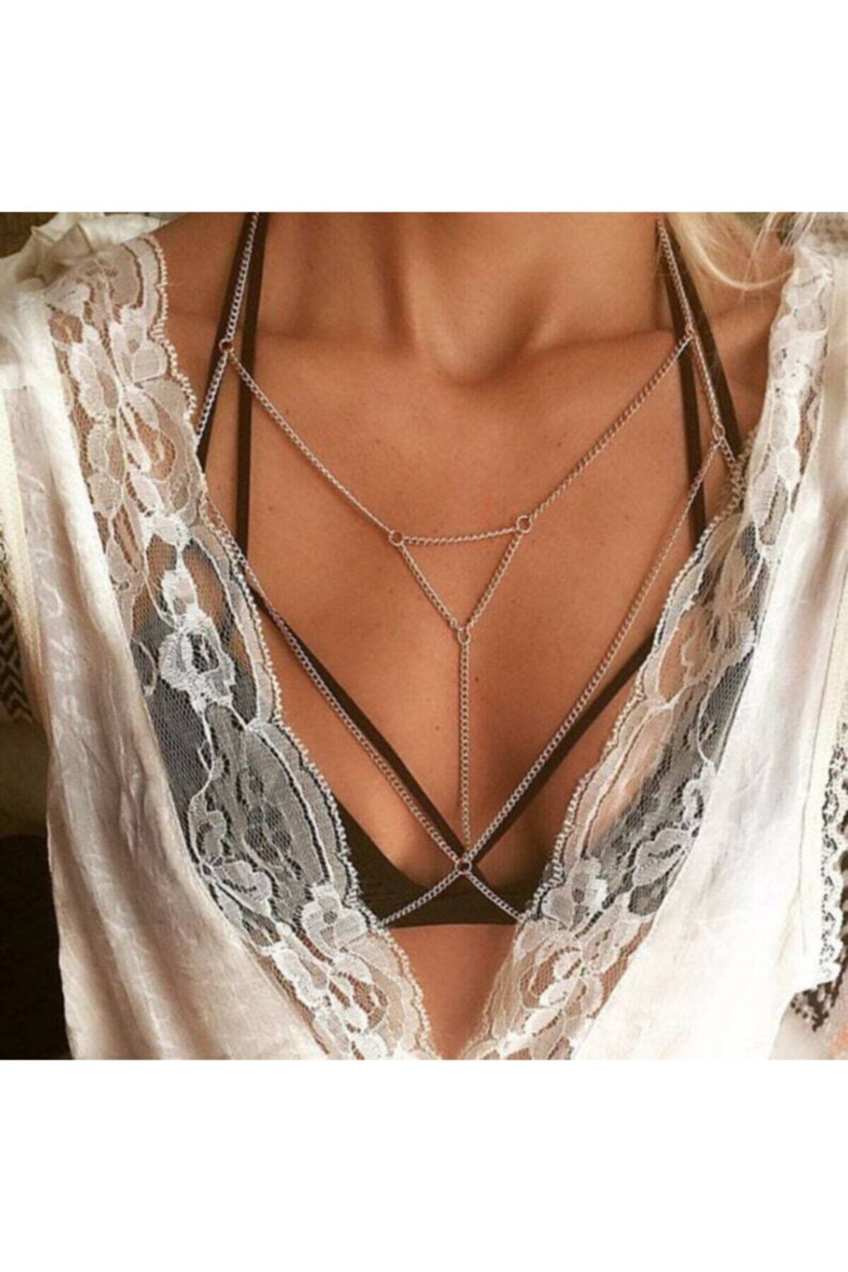Qielle Kararmaz Gümüş Renk Üçgen Detay Vücut Zinciri / Body Chain / Vücut Aksesuarı