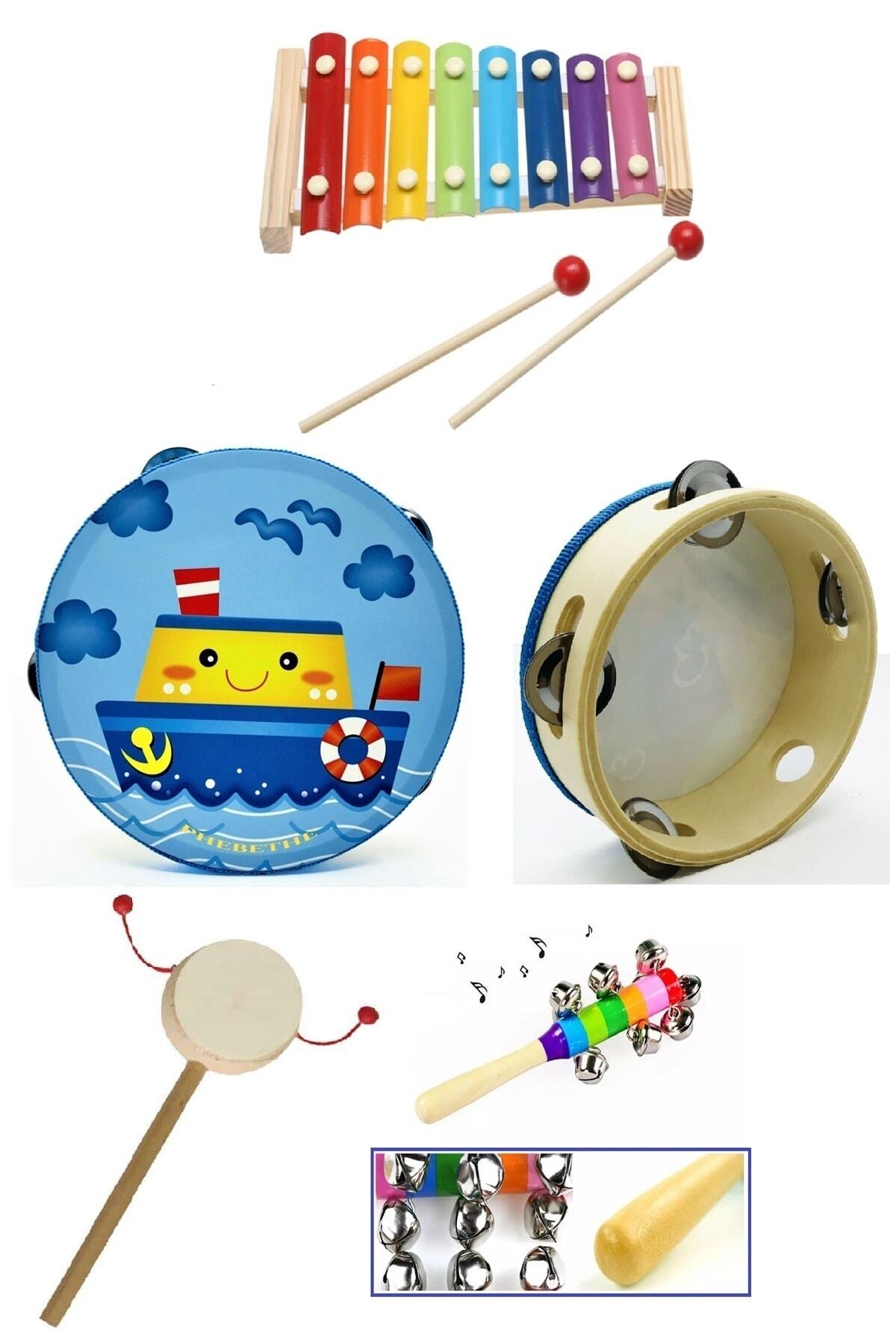 AyasEğiticiOyuncak Çocuk 4'lü Müzik Ritim Seti Klisefon-ahşap Zilli Tef - El Davulu Deri - Zilli Marakas Müzik Aletleri