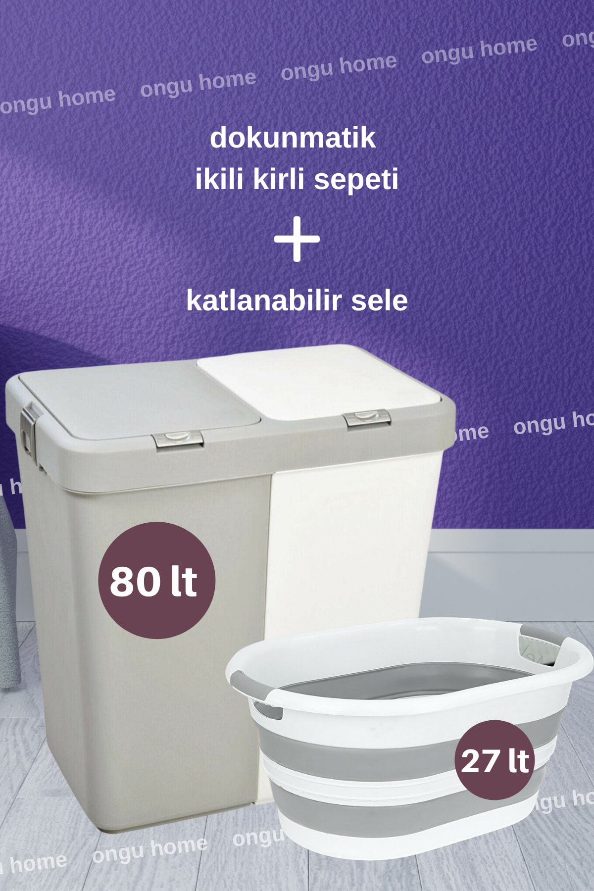 ongu home Motek Ikili Kirli Çamaşır Sepeti Ve Katlanabilir Çamaşır Selesi Ikili Set Çeyiz Seti (beyaz -gri)