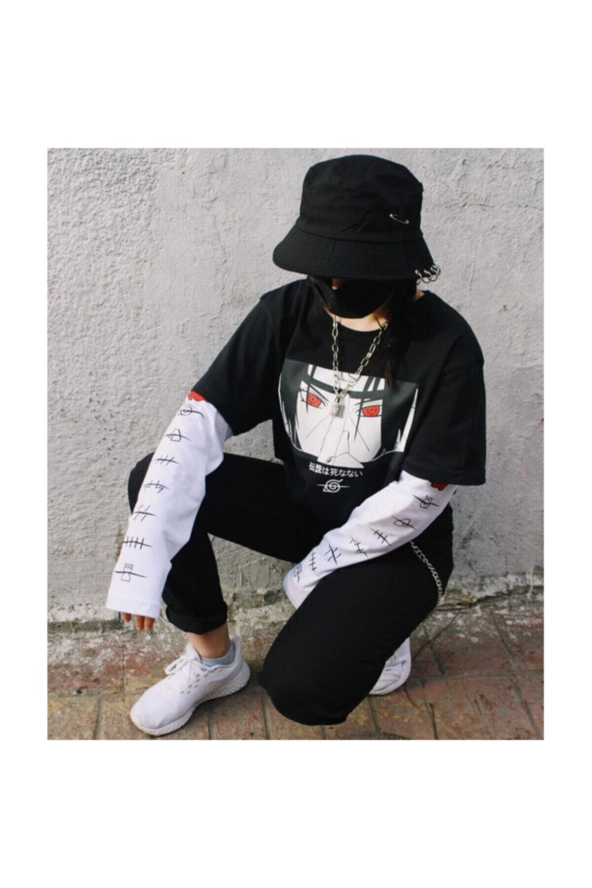 Köstebek Anime Naruto Uchiha Sembol Detay Beyaz (UNİSEX) Kollu T-shirt