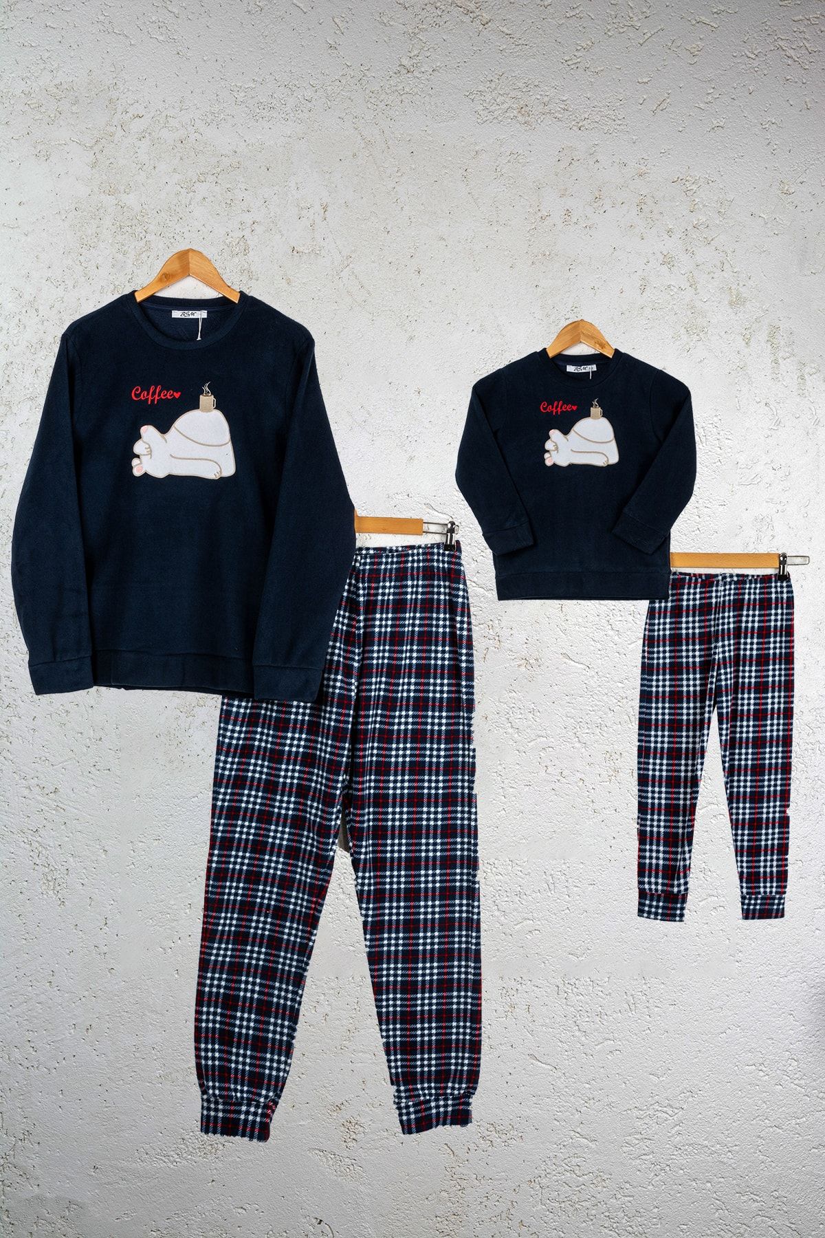 BSM Anne Kız Lacivert Polar Ekoseli %100 Pamuk Yüksek Kalite Manşetli Uzun Kollu Pijama Takımı