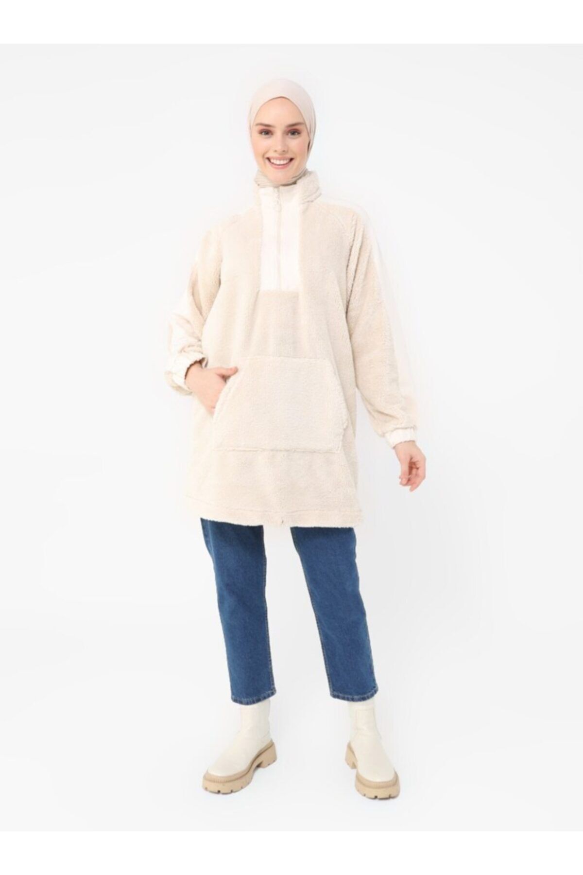 Benin Garnili Kanguru Cepli Sweatshirt - Ekru -