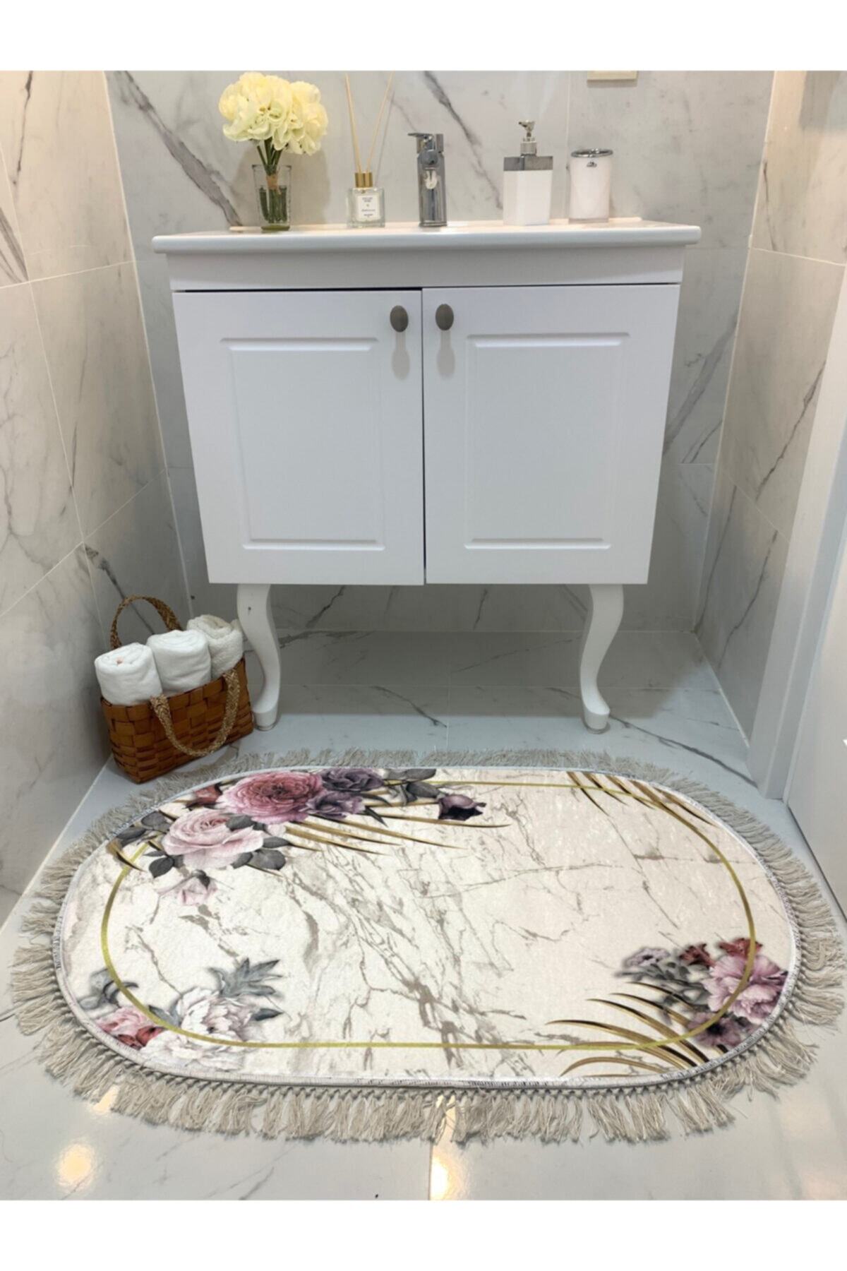 sabirehome Gül Güzeli Desen Hoşgeldiniz Saçaklı Kapıönü Banyo Paspası Teklı 60 X 100cm Oval Örtüsü Lale Çiçekli