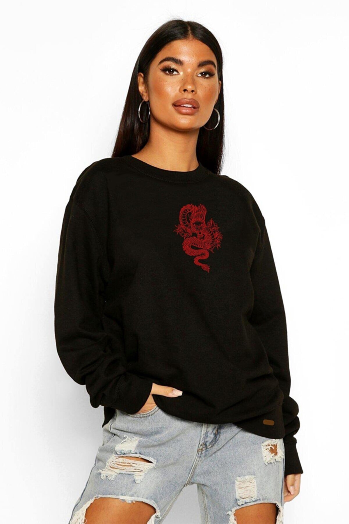 AFROGİYİM Oversize Ön Dragon Baskılı Siyah Sweatshirt