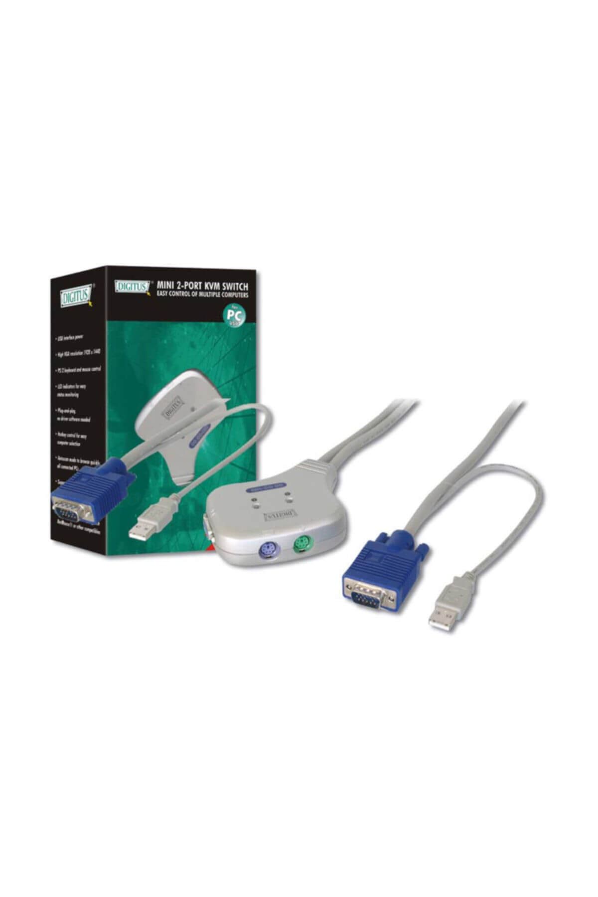 Assmann Digitus 2 portlu USB Mini KVM (Keyboard/Video Monitor/Mouse) Switch, Masaüstü Tip, KVM bağlantı kabl