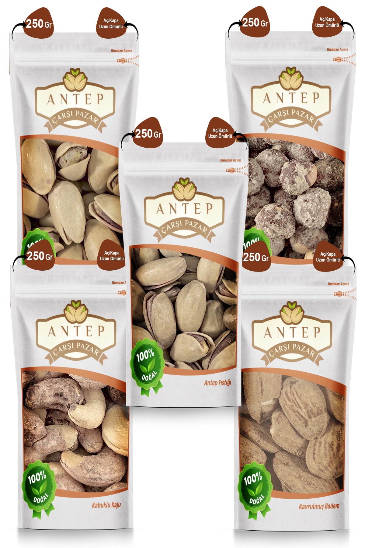 Antep Çarşı Pazar Karışık Kuruyemiş ( 250 Gr. X 5 Paket ) Kabuklu Kaju-tuzlu Fındık-antep Ve Siirt Fıstığı-badem