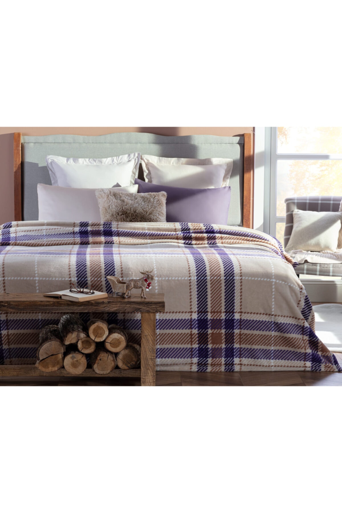 Madame Coco Antonin Tek Kişilik Welsoft Baskılı Battaniye - Bej / Mor