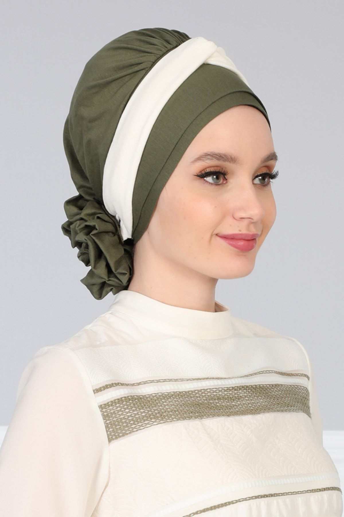 Biriz Moda Penye Bone Haki Yeşili Krem