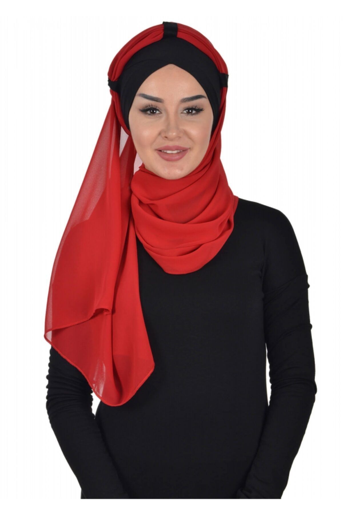 Biriz Moda Penye Boneli Şifon Şal Siyah - Kırmızı