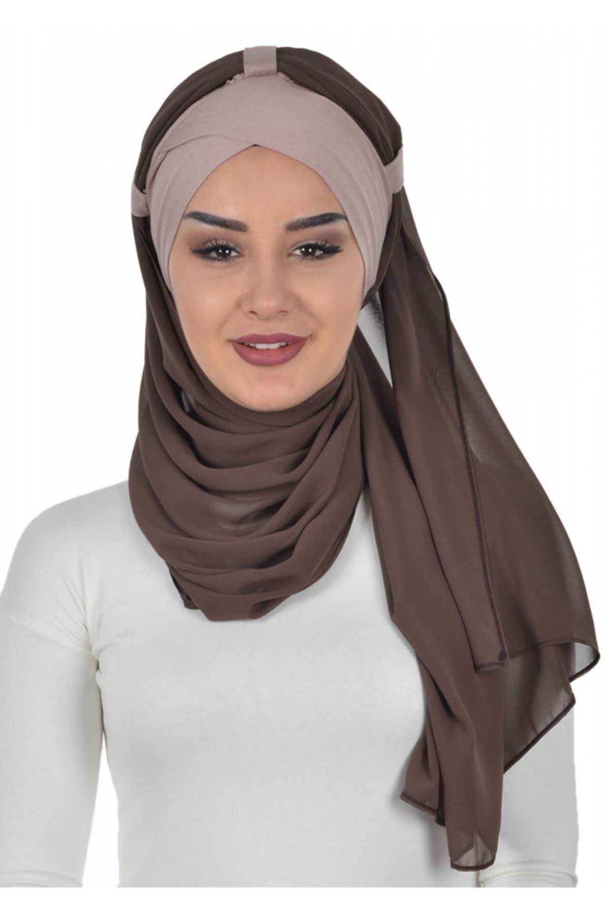 Biriz Moda Penye Boneli Şifon Şal Vizon - Kahverengi