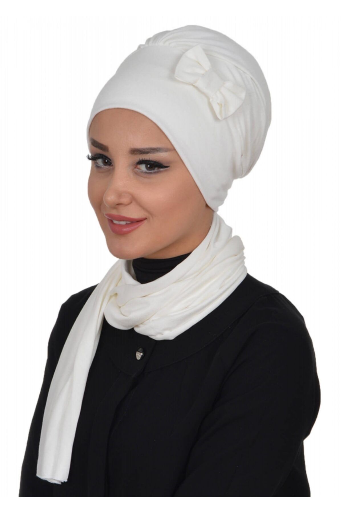 Biriz Moda Yandan Fiyonklu Fularlı Bone Krem
