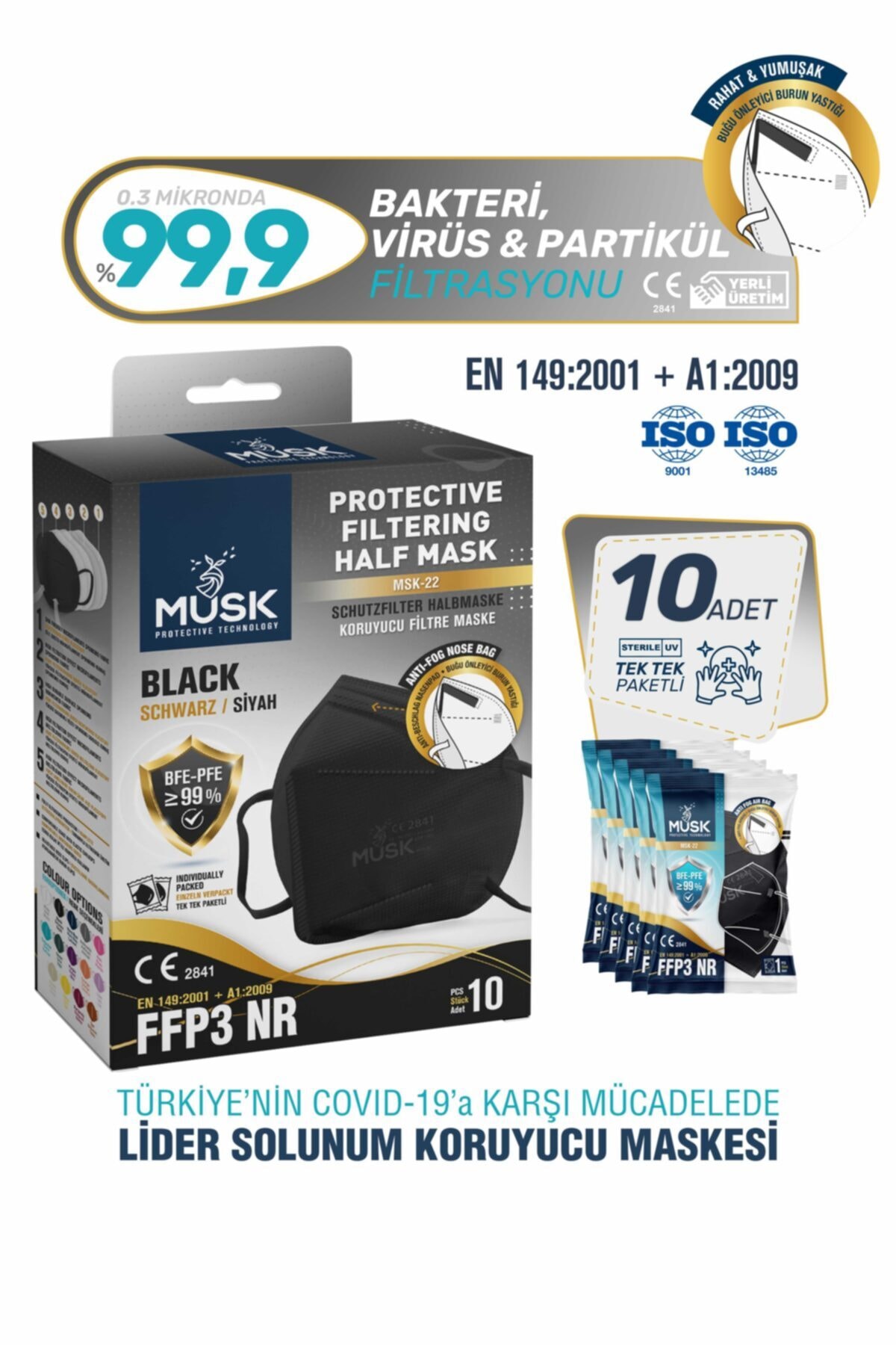 Musk Ffp3 Maske N99 Siyah Renk 10 Adet