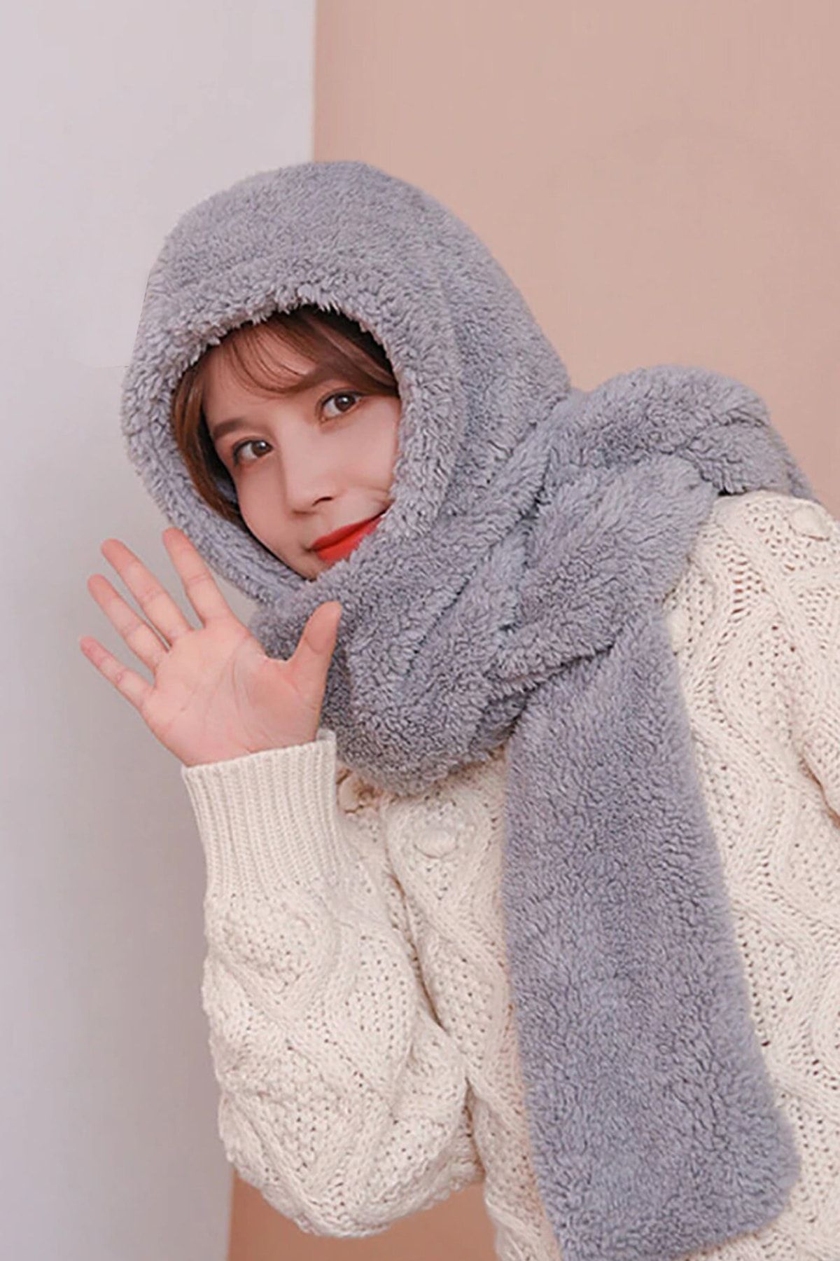 Bundera Scarf Gri Kapüşonlu Kadın Peluş Bere Atkı Kadın Welsoft Polar Boyunluk Şalı Rüzgar Geçirmez Şapka