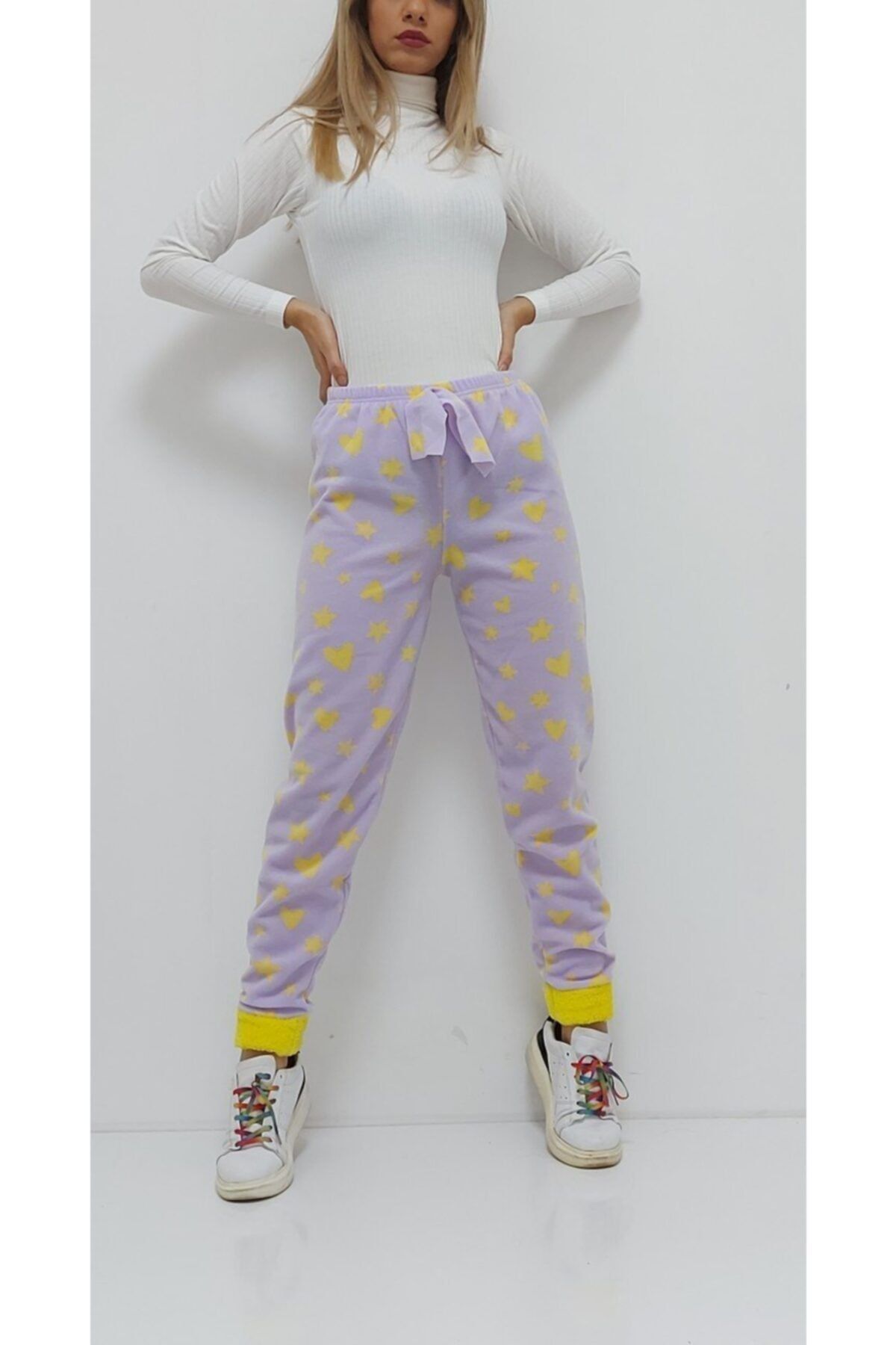 ZAVANSA Desenli Paçası Polar Pijama Altı Lila