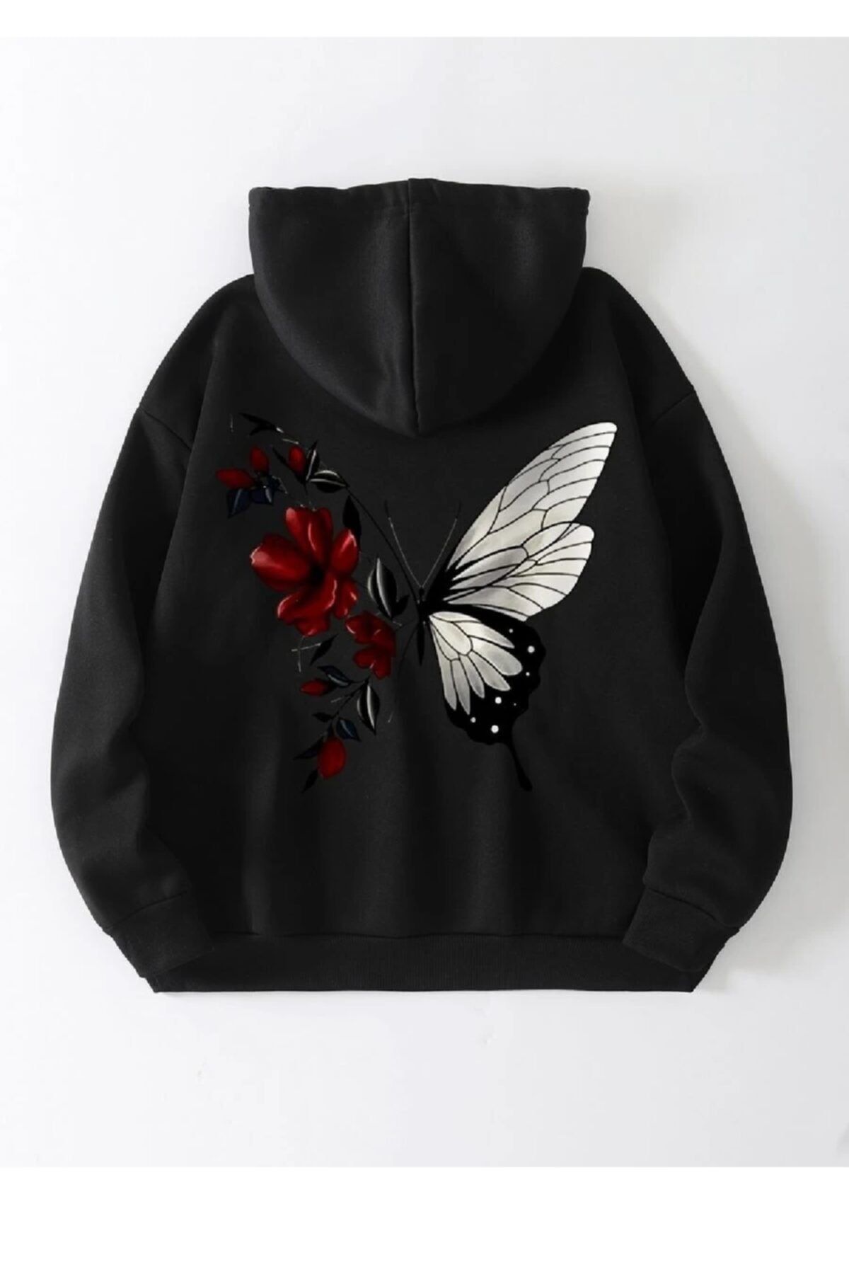 Deocept Kadın Siyah Kırmızı Kelebek Baskılı Sweatshirt