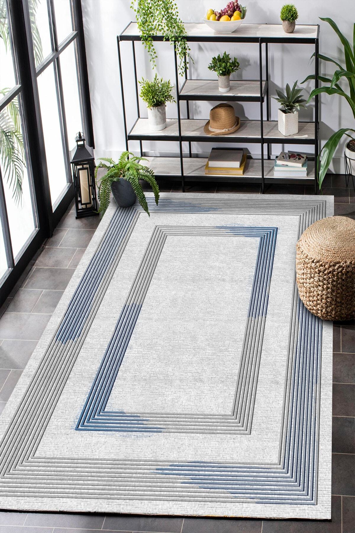 PRİME HOME Krem Renkli Kenarları Çizgili Kaymaz Taban Makinede Yıkanabilir Halı