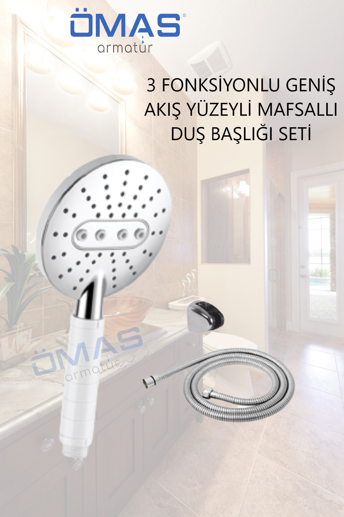 ÖMAS Otomasyon 3 Fonksiyonlu Geniş Yüzey Yüksek Tazyikli Mafsallı Duş Seti