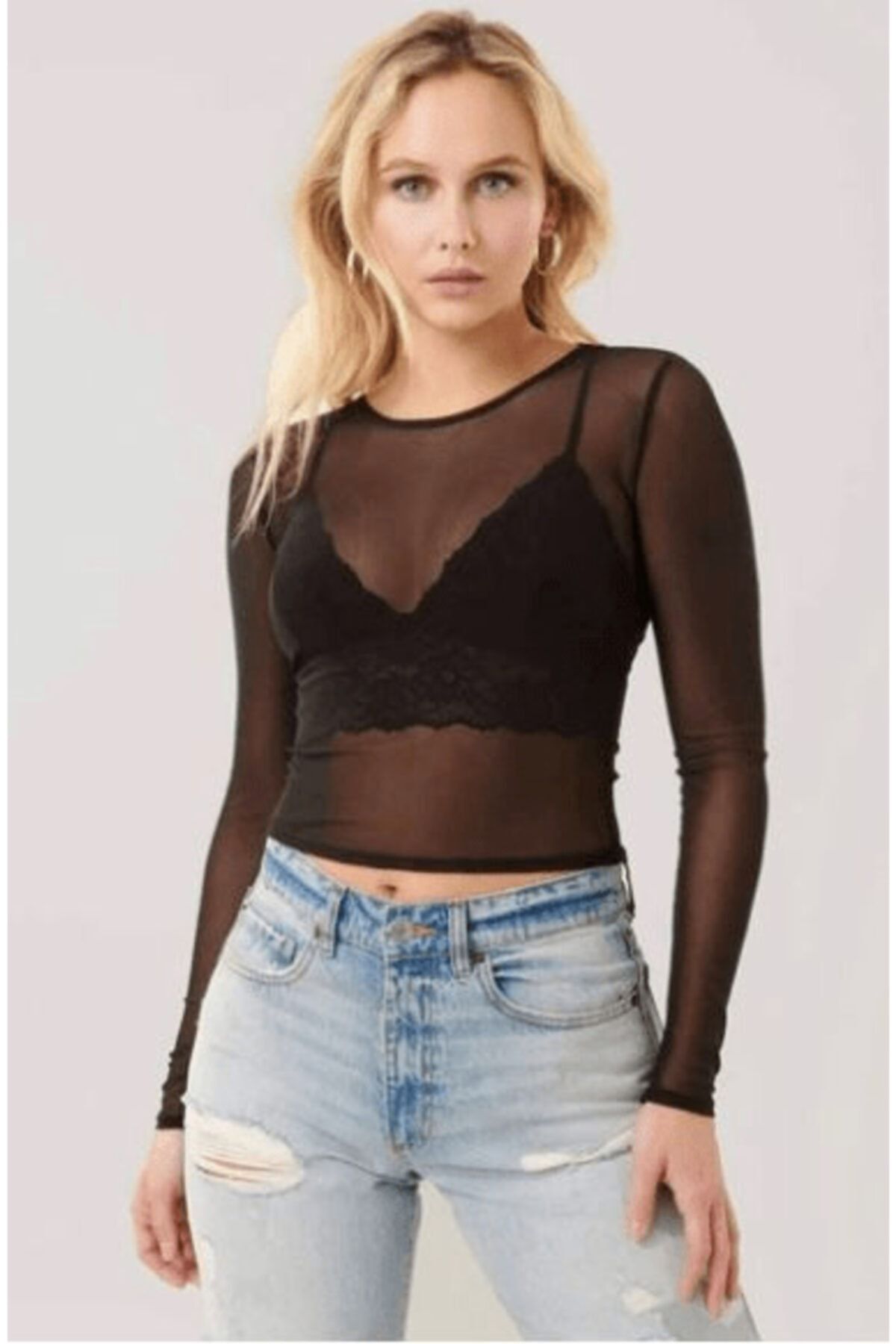 GÜZEŞTE Kadın Yılbaşı Özel Cool Siyah Elbise Transparan Likralı Crop Dantel Bralet Takım