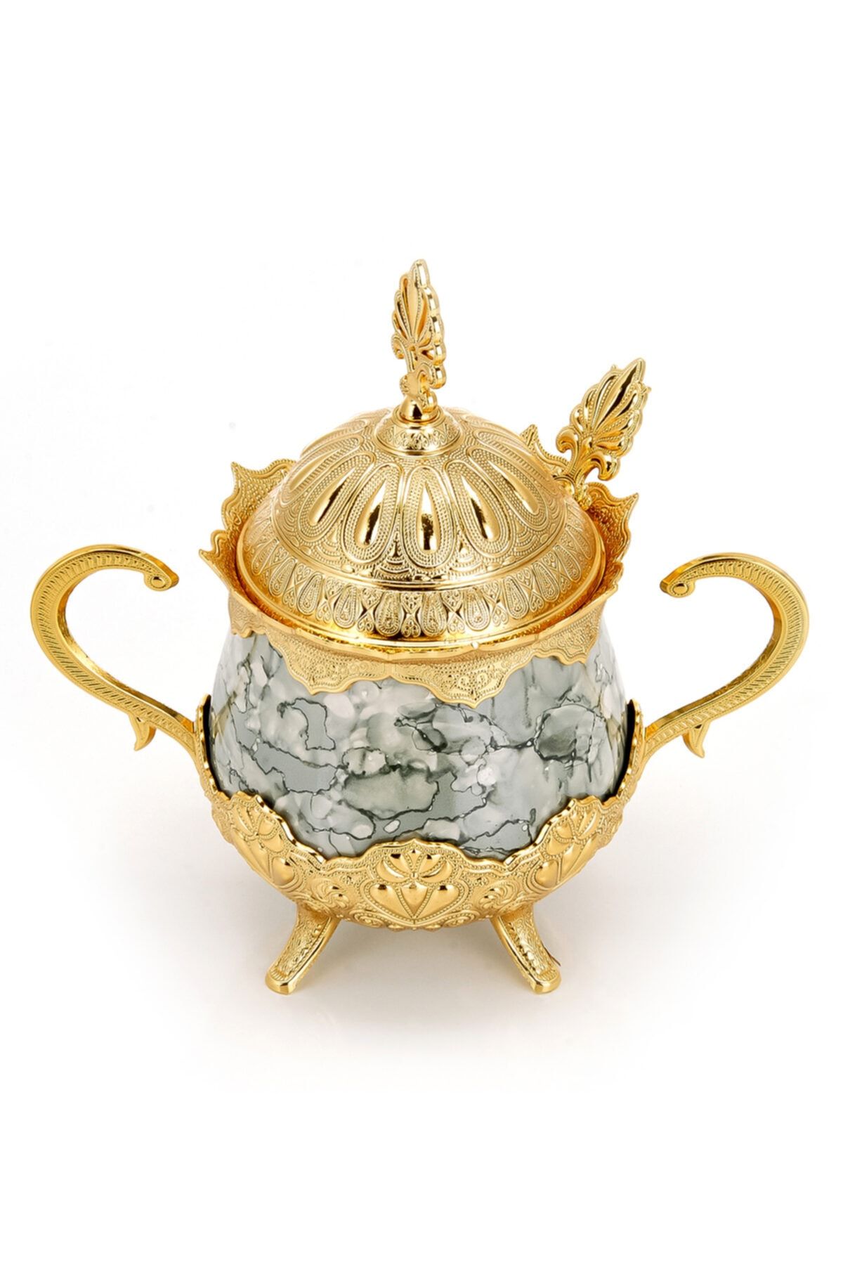 İhvan Porselenli Yuvarlak Kaşıklı Şekerlik Gri Desenli Gold Renk