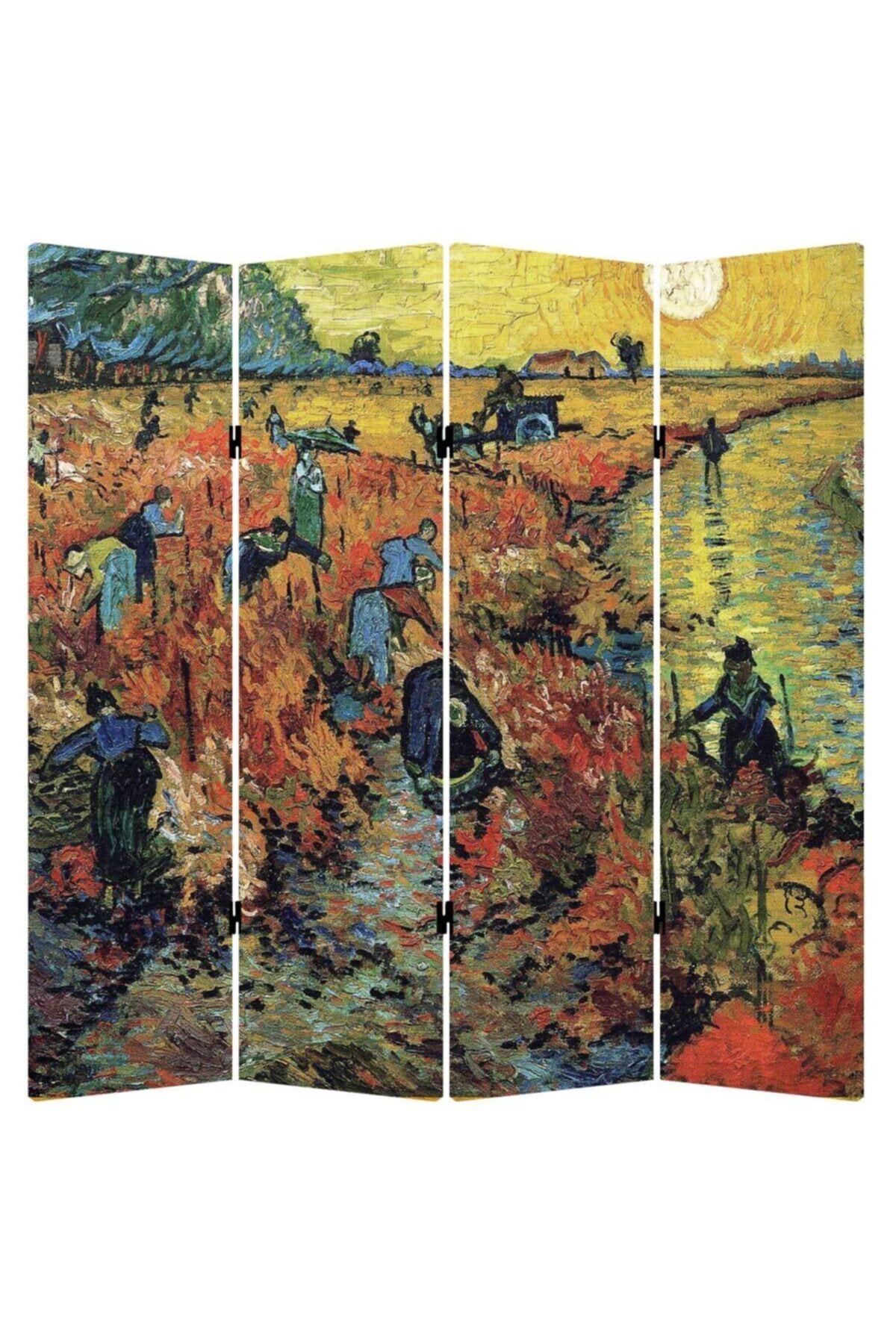 StellaStore Vincent Van Gogh Red Vineyards 4 Kanatlı Oda Bölücü Çift Taraflı Kanvas Paravan