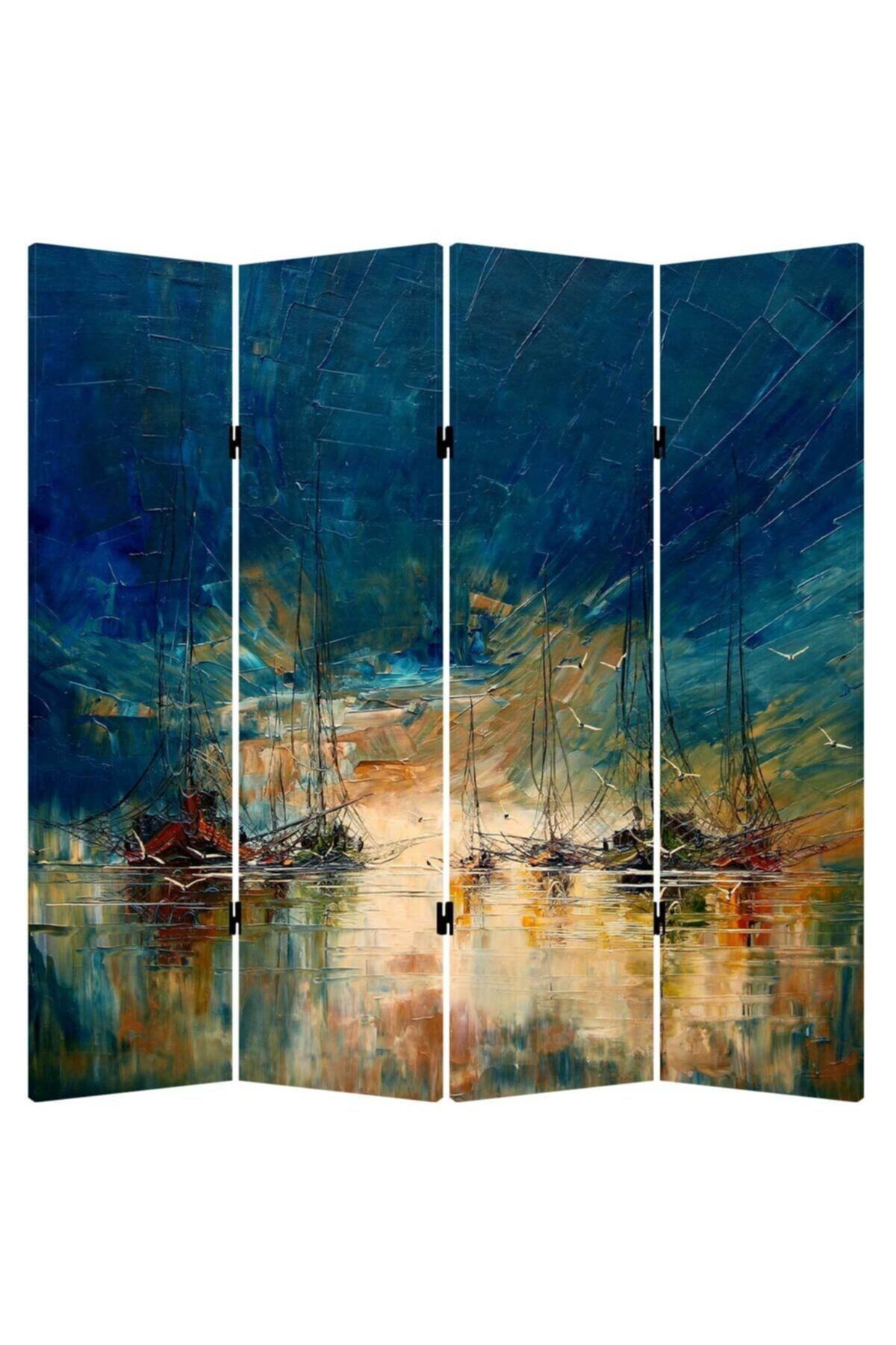 StellaStore Yağlıboya Görünümlü Yelkenli 4 Kanatlı Oda Bölücü Çift Taraflı Kanvas Paravan