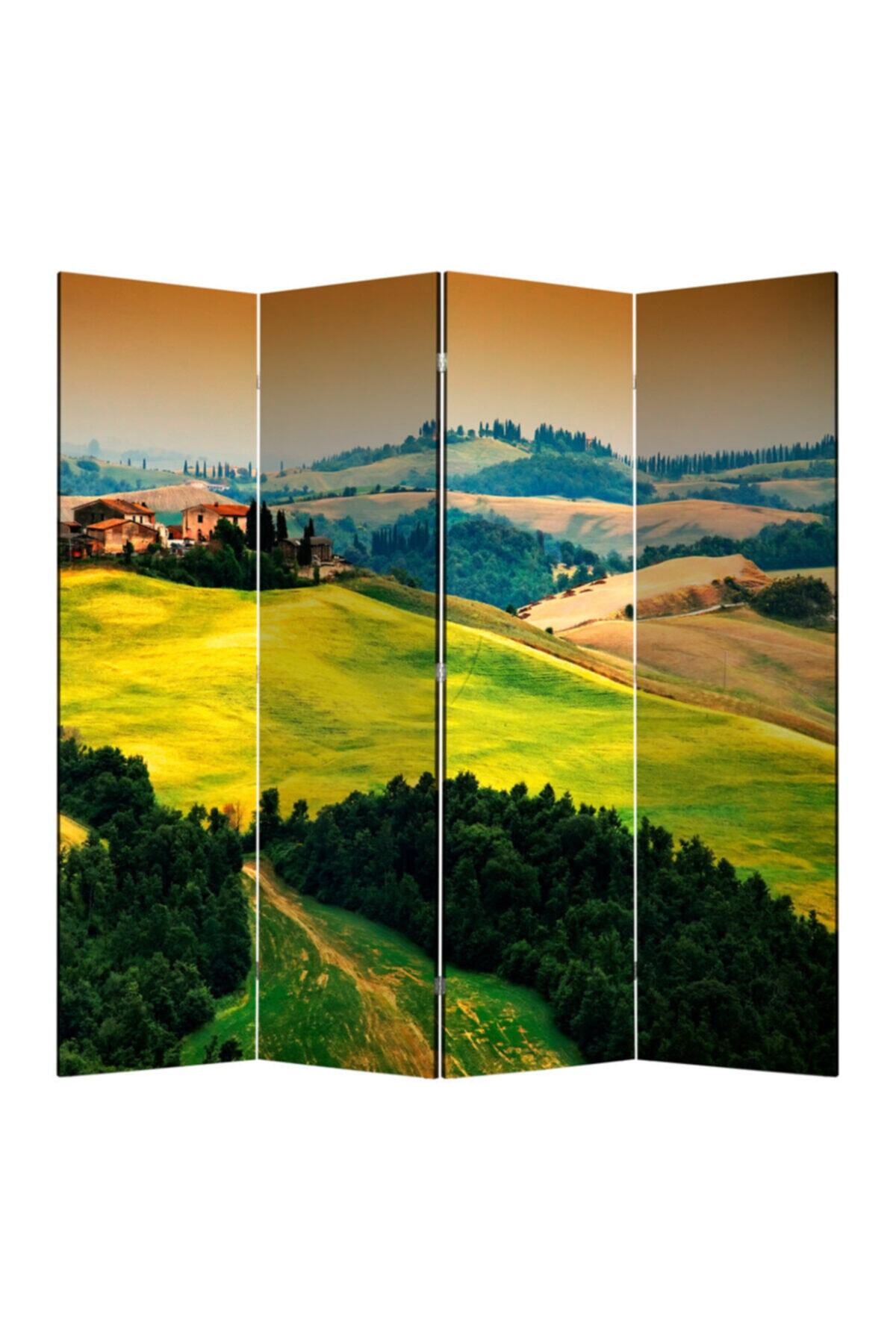 StellaStore Manzara 4 Kanatlı Oda Bölücü Çift Taraflı Kanvas Paravan