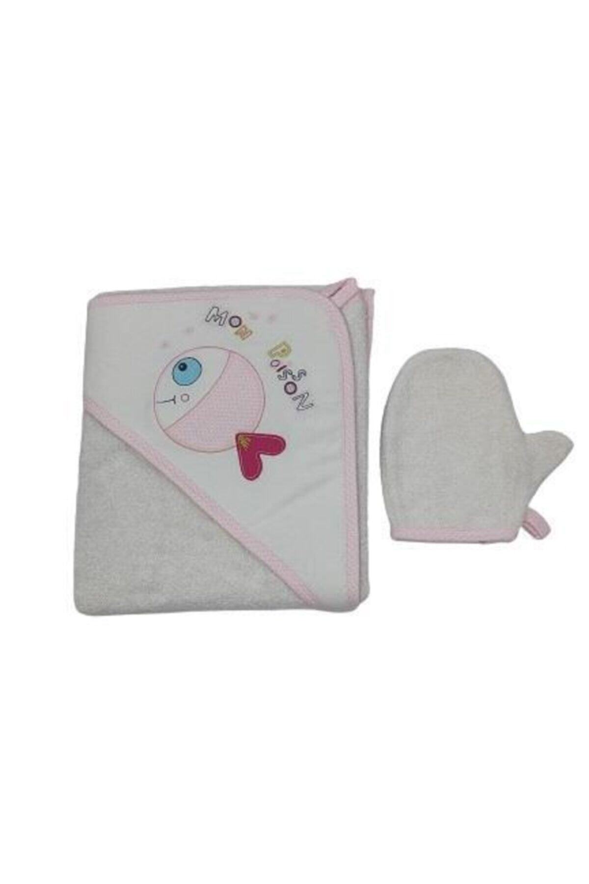 Albimini Minidamla Balıklı Bebek Banyo Havlusu 12281 Ekru Pembe