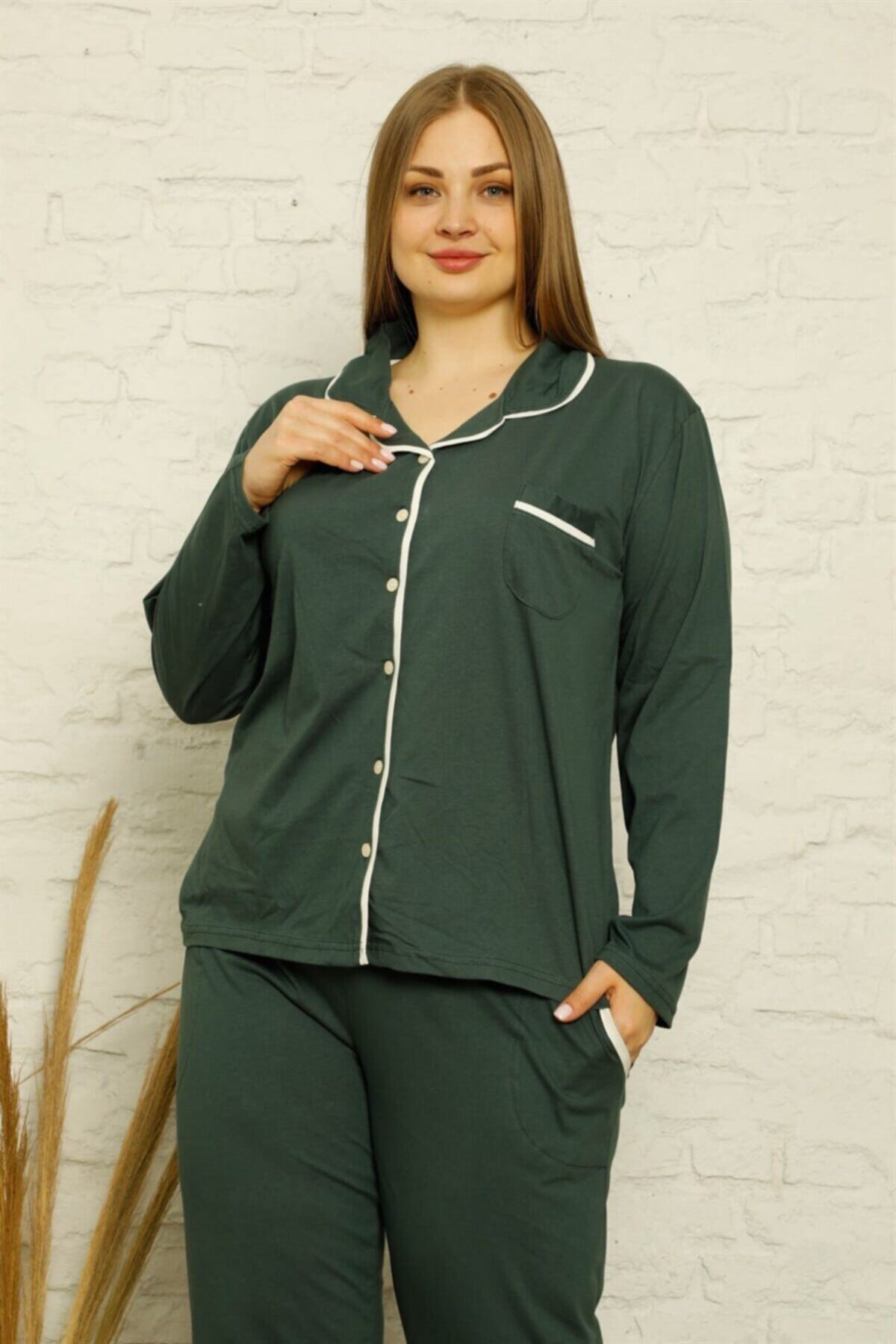 Biriz Moda Moda Çizgi Kadın Pamuklu Cepli Uzun Kol Büyük Beden Pijama Takım 202129