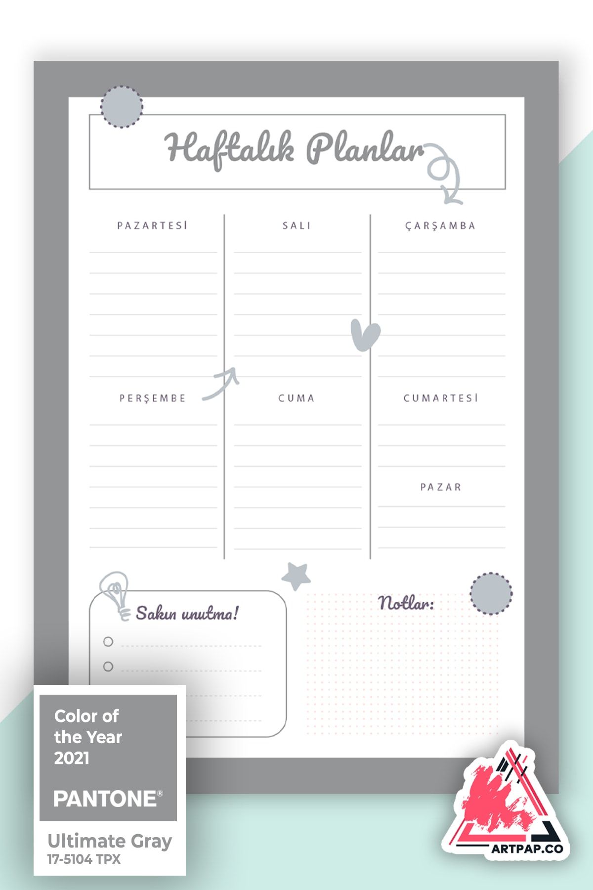 artpap Haftalık Planlayıcı - Günlük Hatırlatıcı Defter A5 50 Sayfa - Ultimate Gray 2021 Yılın Rengi
