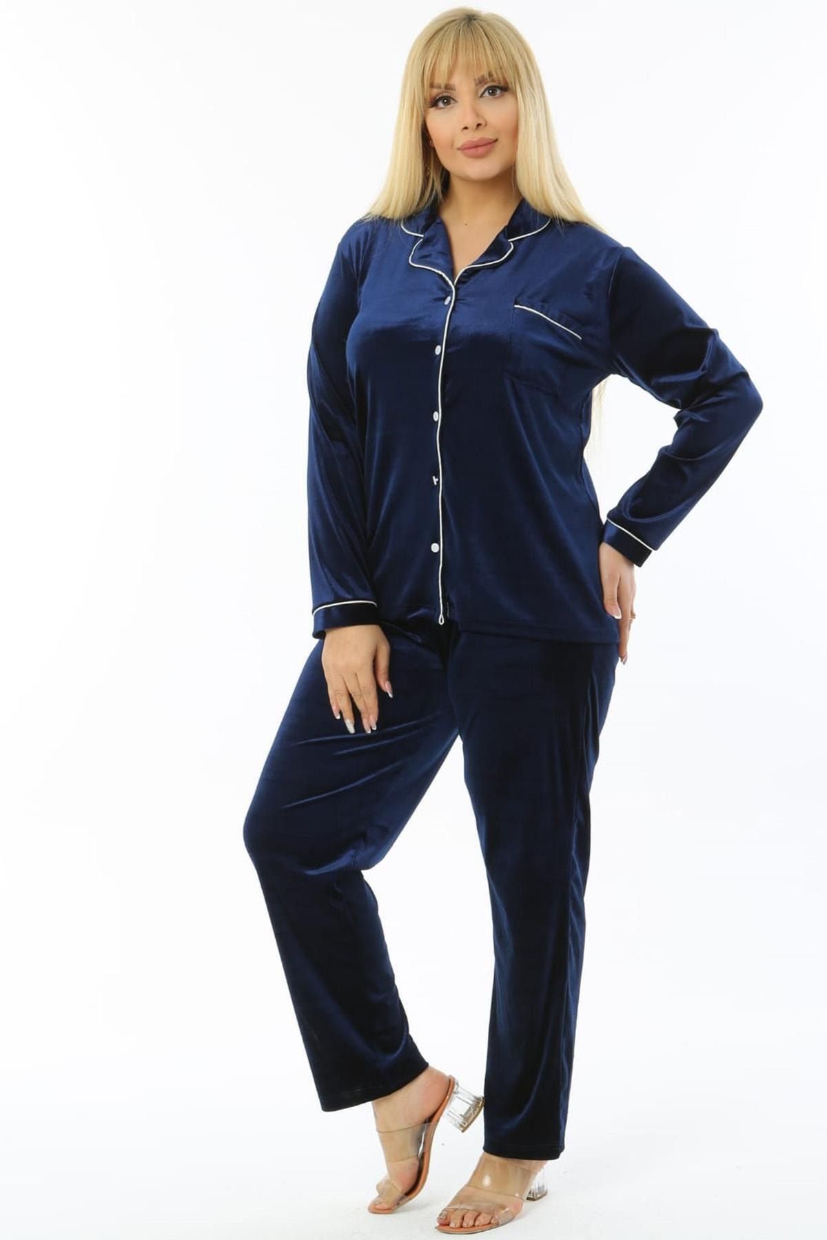 tarzimsuper Kadın Büyük Beden Önden Düğmeli Mavi Kadife Pijama Takımı