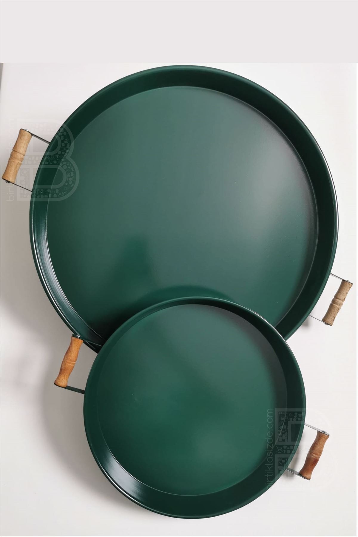 kitchen trend 2 Li 51 Cm Ve 37 Cm Ahşap Kulplu Metal Yuvarlak Yeşil Tepsi Sunum Tepsi, Kahvaltı Te