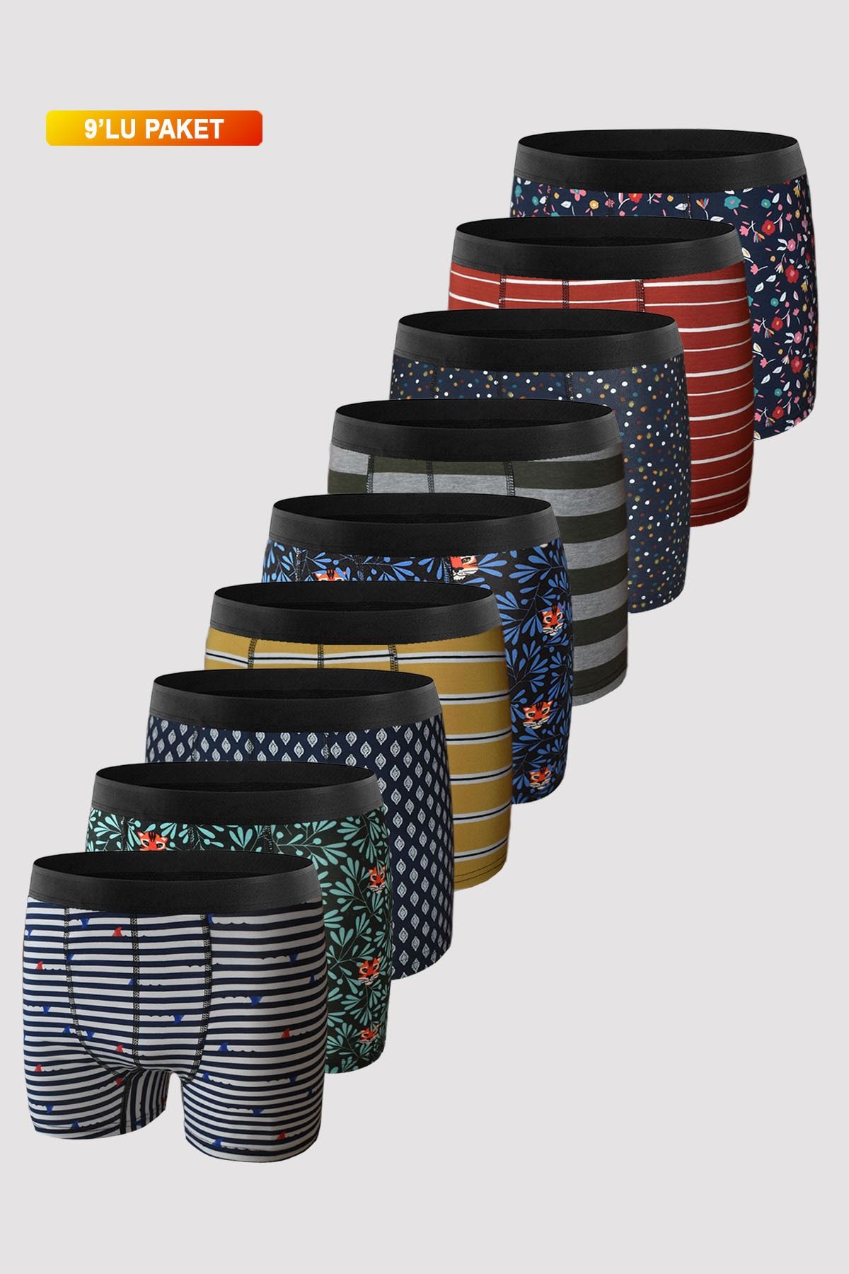 UMFANG Erkek Koyu Desenli Boxer 9'lu Pamuklu Likralı Premium Paket