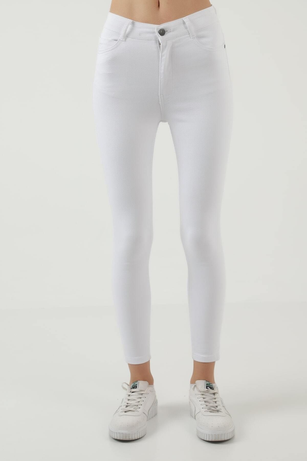 comstar Kadın Beyaz Yüksek Bel Bilek Boy Dar Paça Skinny Likralı Kot Pantolon