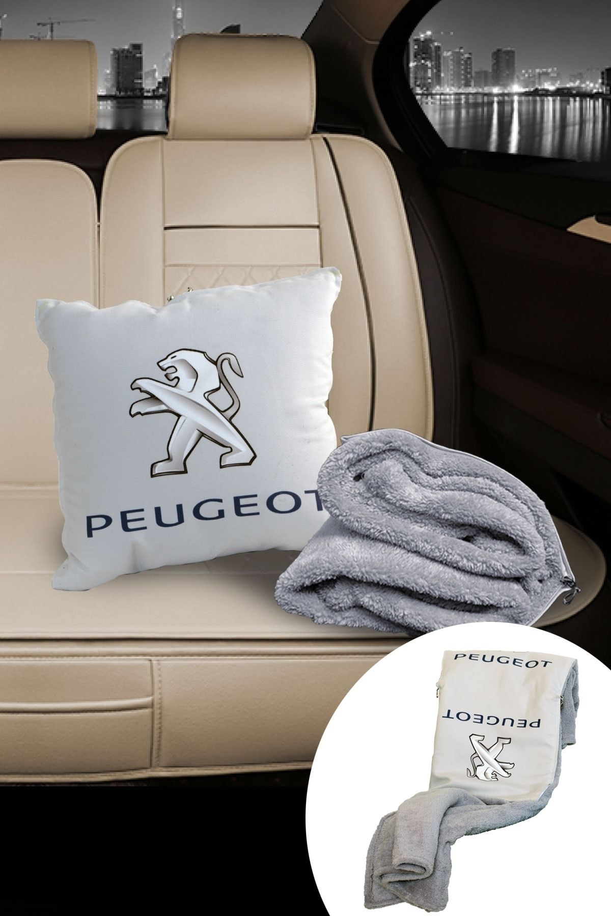 Caisya Butik Peugeot Baskılı Opsiyonel Battaniyeli Yastık