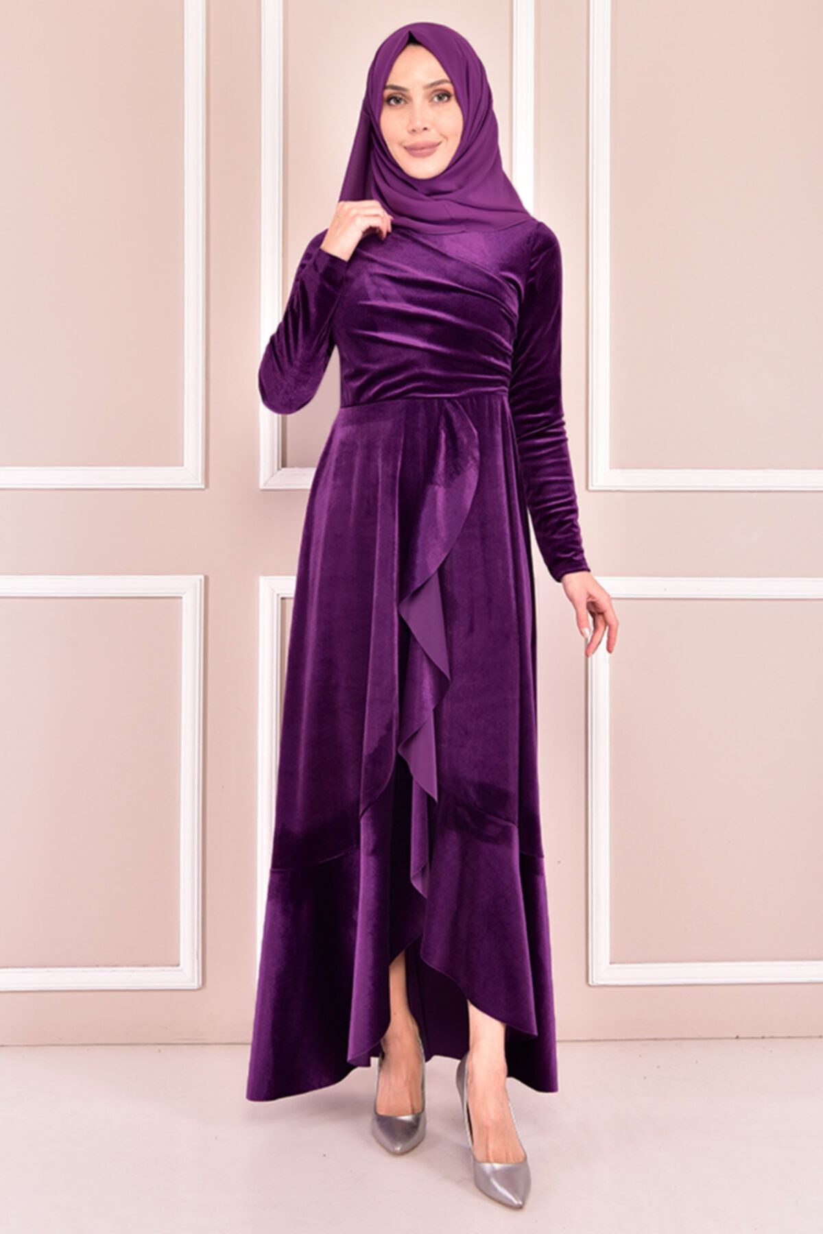 ModaMerve Drape Detay Kadife Elbise Mor